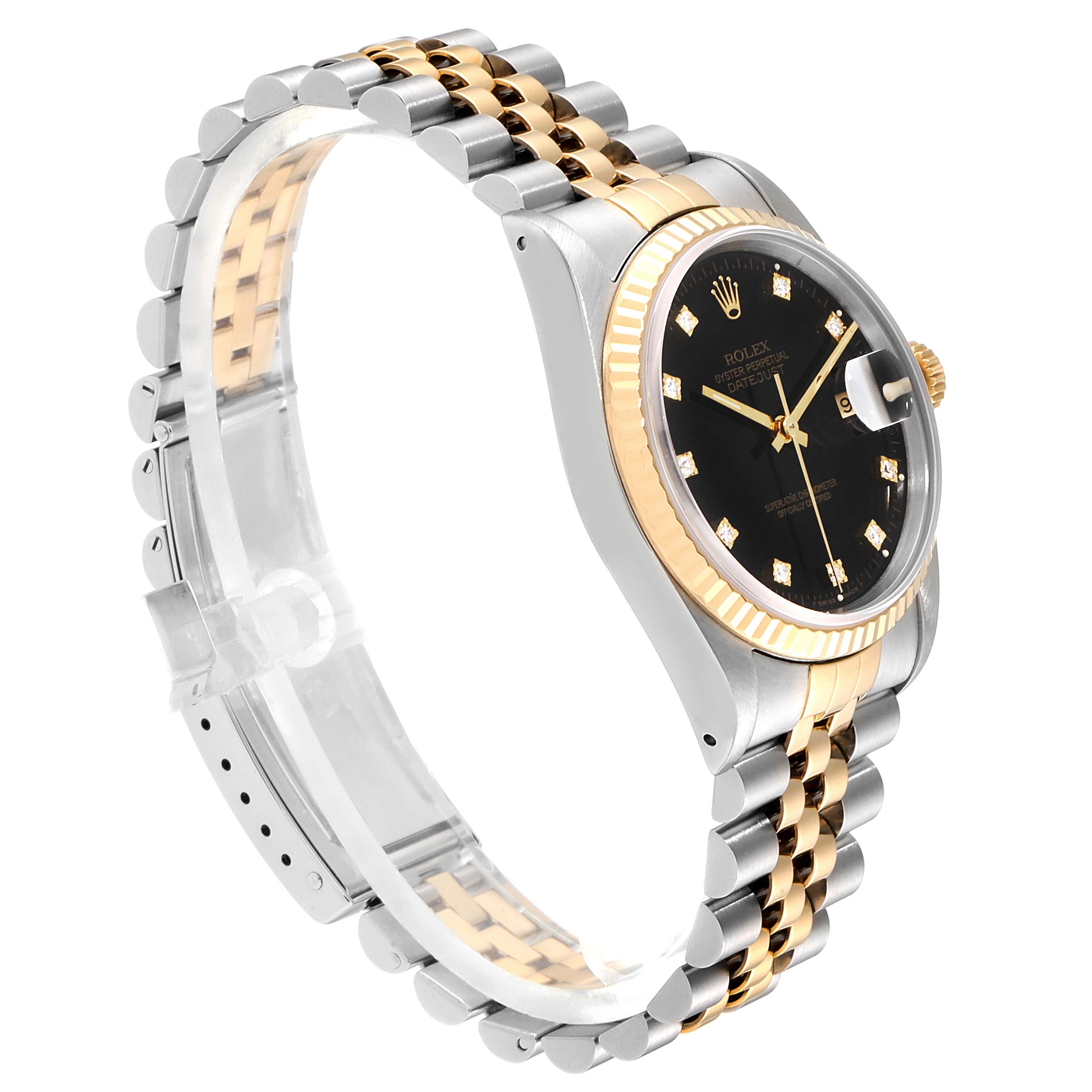 The Rolex Datejust 41 16233 Men's Steel and Gold (two tone) Black Dial 16233 Men's Steel and Gold (two tone) Black Dial watch is shown at a side angle, displaying its dial, bezel, and two-tone Jubilee bracelet.