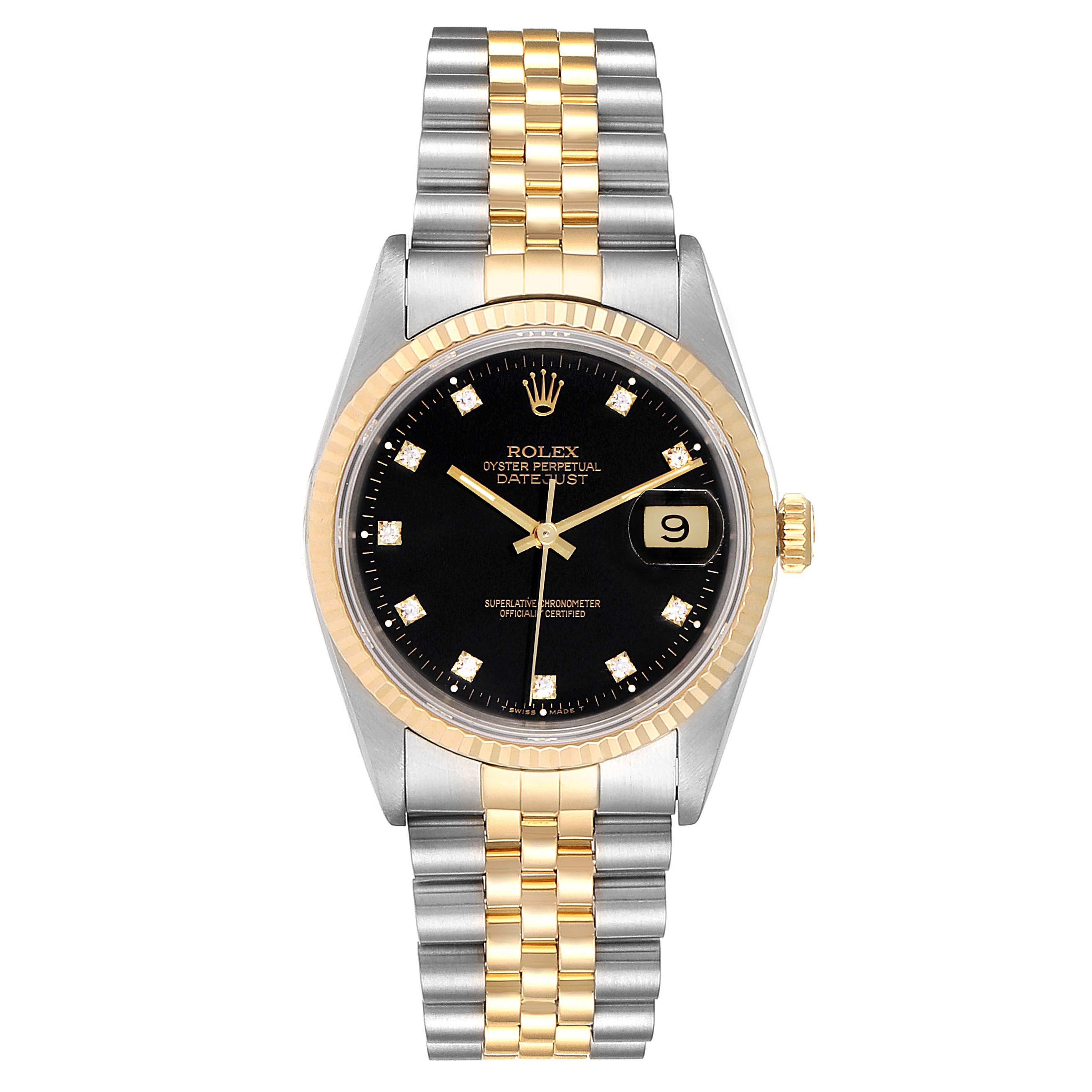 This image shows a front view of a Rolex Datejust 41 16233 Men's Steel and Gold (two tone) Black Dial 16233 Men's Steel and Gold (two tone) Black Dial watch with a two-tone bracelet and a black dial.