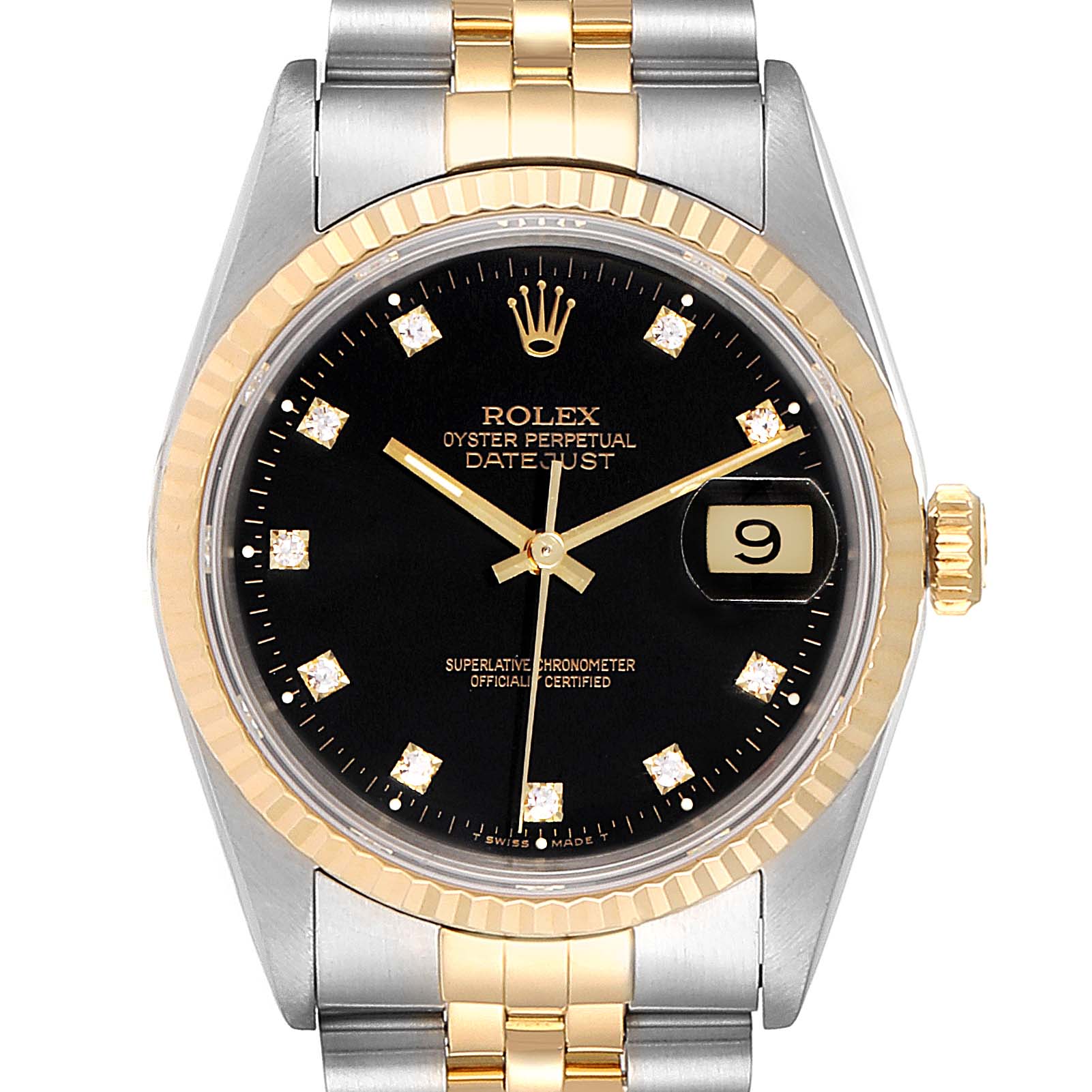 The image shows a frontal view of a Rolex Datejust 41 16233 Men's Steel and Gold (two tone) Black Dial 16233 Men's Steel and Gold (two tone) Black Dial watch, highlighting its black dial, date window, two-tone bracelet, and gold fluted bezel.