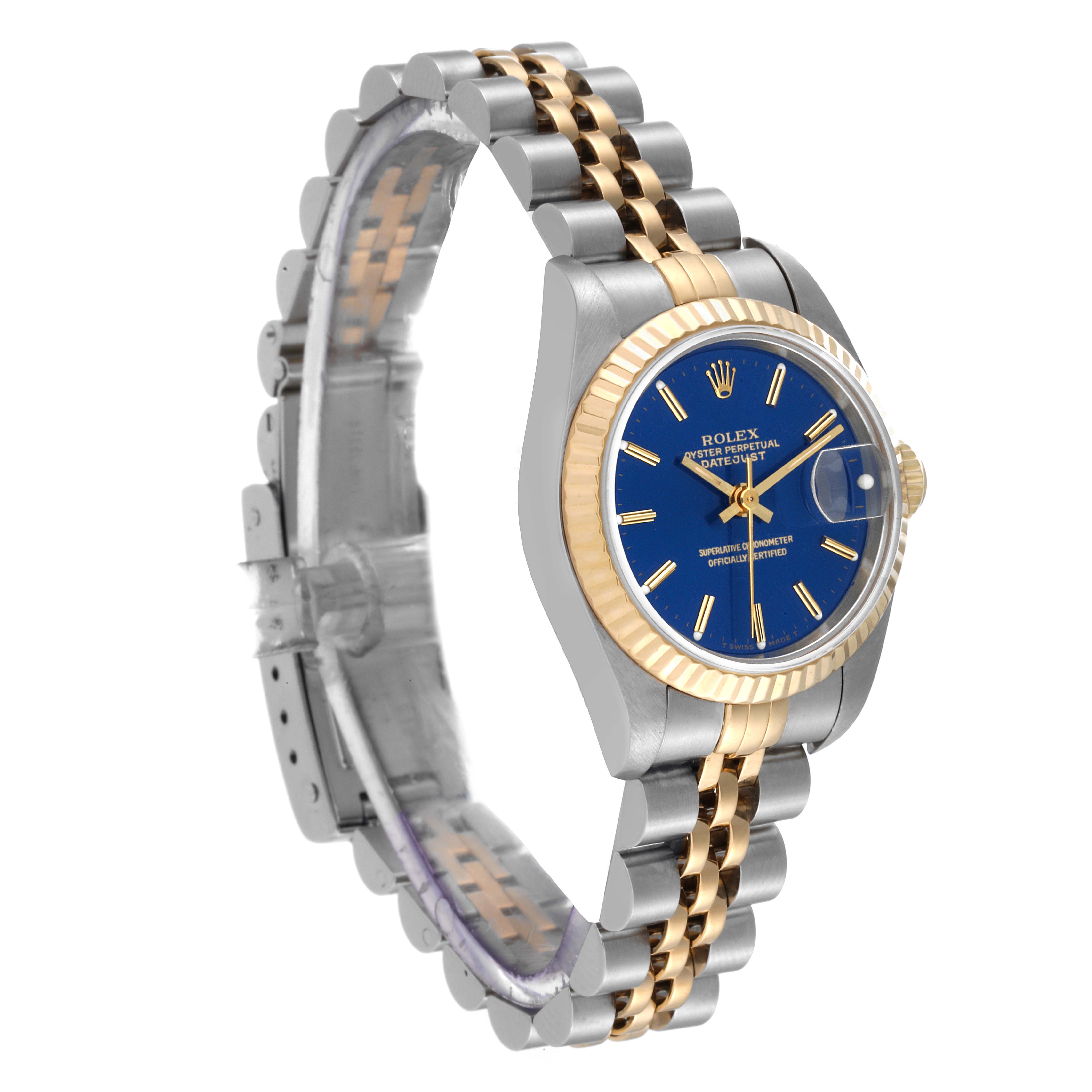 This image shows a side angle of the Rolex Datejust 69173 Women's Steel and Gold (two tone) Blue Dial 69173 Women's Steel and Gold (two tone) Blue Dial watch, highlighting the blue dial, two-tone bracelet, and fluted bezel.