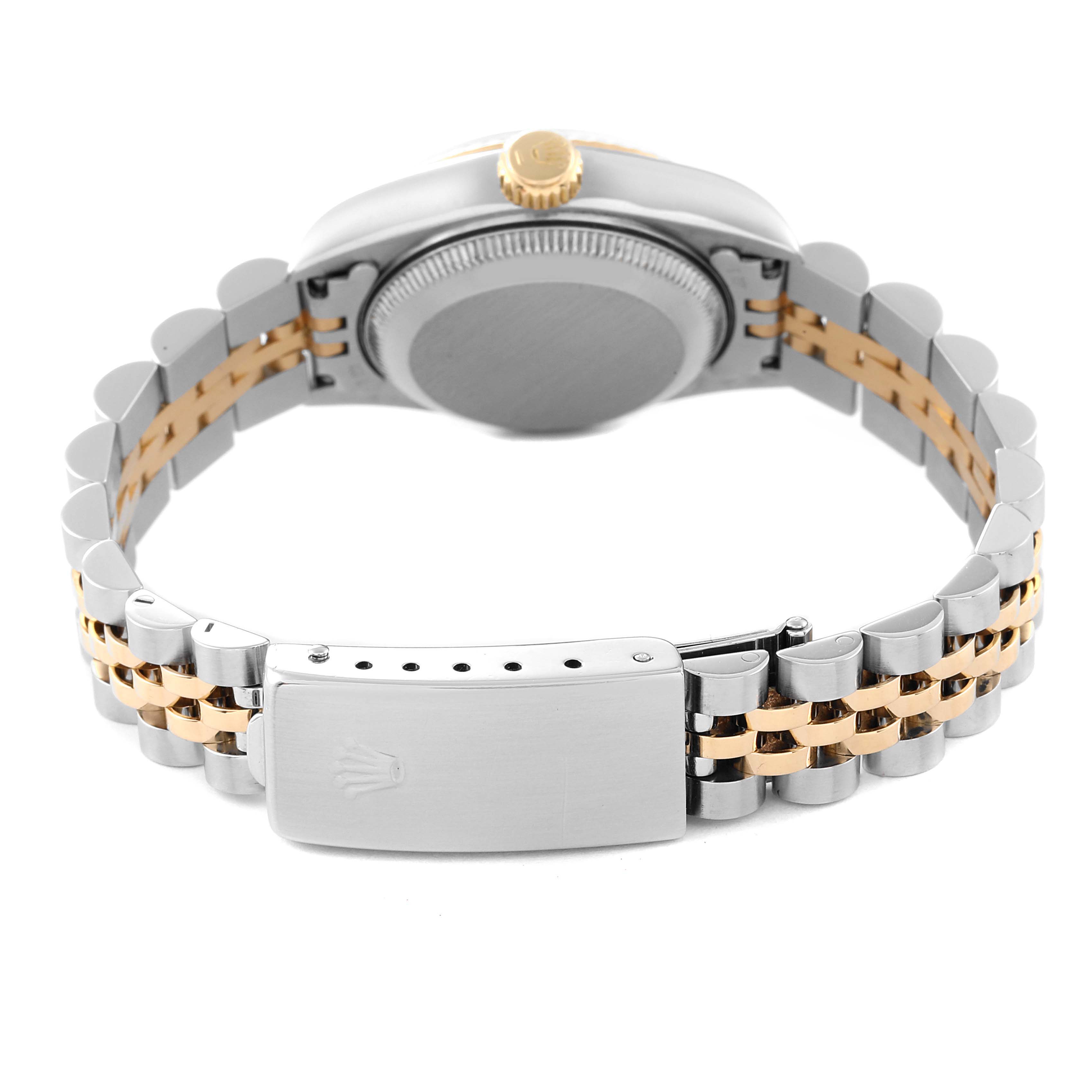 The image shows the back side of a Rolex Datejust 69173 Women's Steel and Gold (two tone) Blue Dial 69173 Women's Steel and Gold (two tone) Blue Dial watch, highlighting the clasp, case back, and two-tone bracelet.