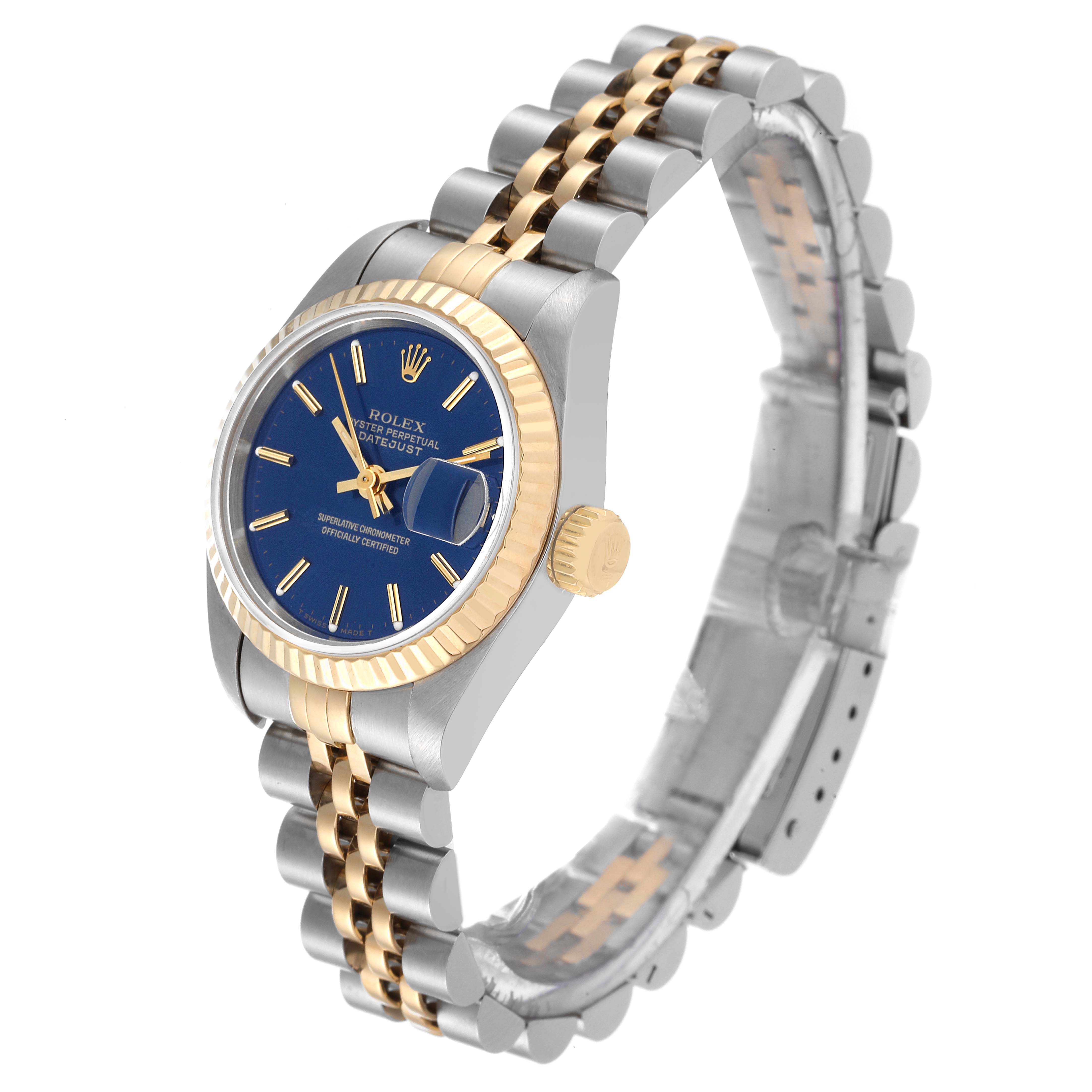 The image shows a Rolex Datejust 69173 Women's Steel and Gold (two tone) Blue Dial 69173 Women's Steel and Gold (two tone) Blue Dial watch from an angled side view, highlighting its blue dial, fluted bezel, crown, and two-tone bracelet.