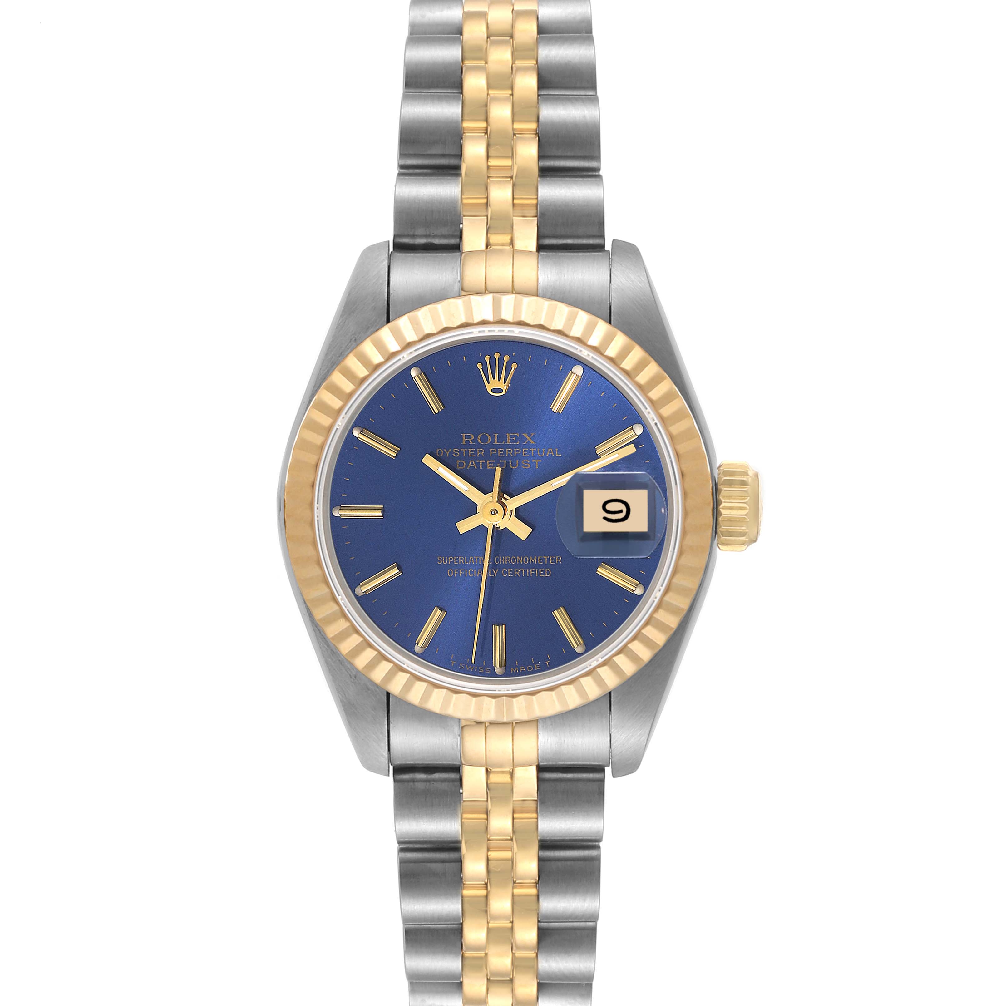 This image shows a front view of the Rolex Datejust 69173 Women's Steel and Gold (two tone) Blue Dial 69173 Women's Steel and Gold (two tone) Blue Dial watch, highlighting the blue dial, gold fluted bezel, and two-tone bracelet.