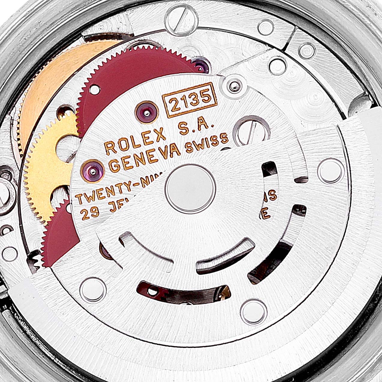 This is an angled close-up view of the Rolex Datejust 69173 Women's Steel and Gold (two tone) Blue Dial 69173 Women's Steel and Gold (two tone) Blue Dial model's movement mechanism.