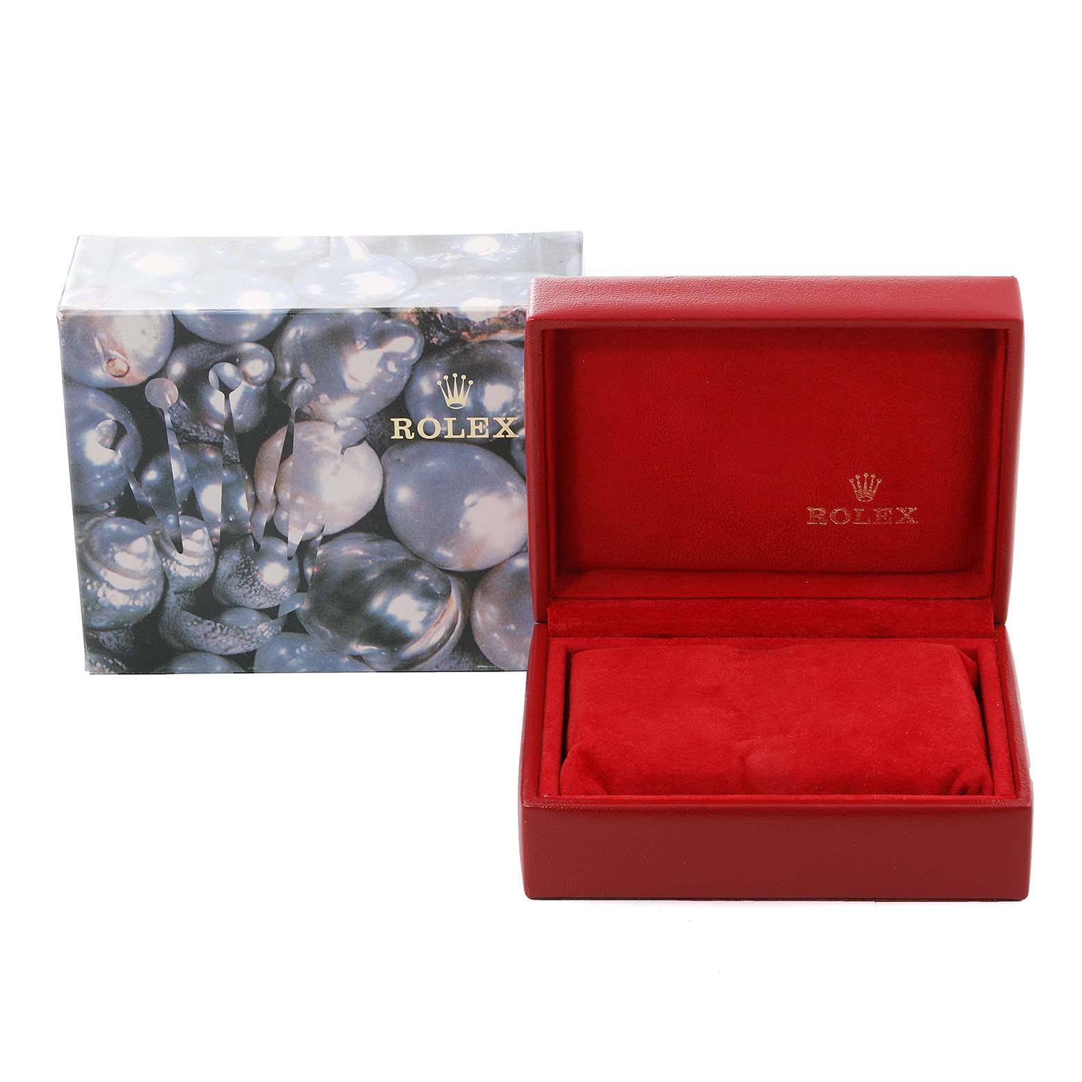 This image shows a Rolex Datejust 69173 Women's Steel and Gold (two tone) Blue Dial 69173 Women's Steel and Gold (two tone) Blue Dial watch box and an outer decorative box, both prominently displaying the Rolex branding.