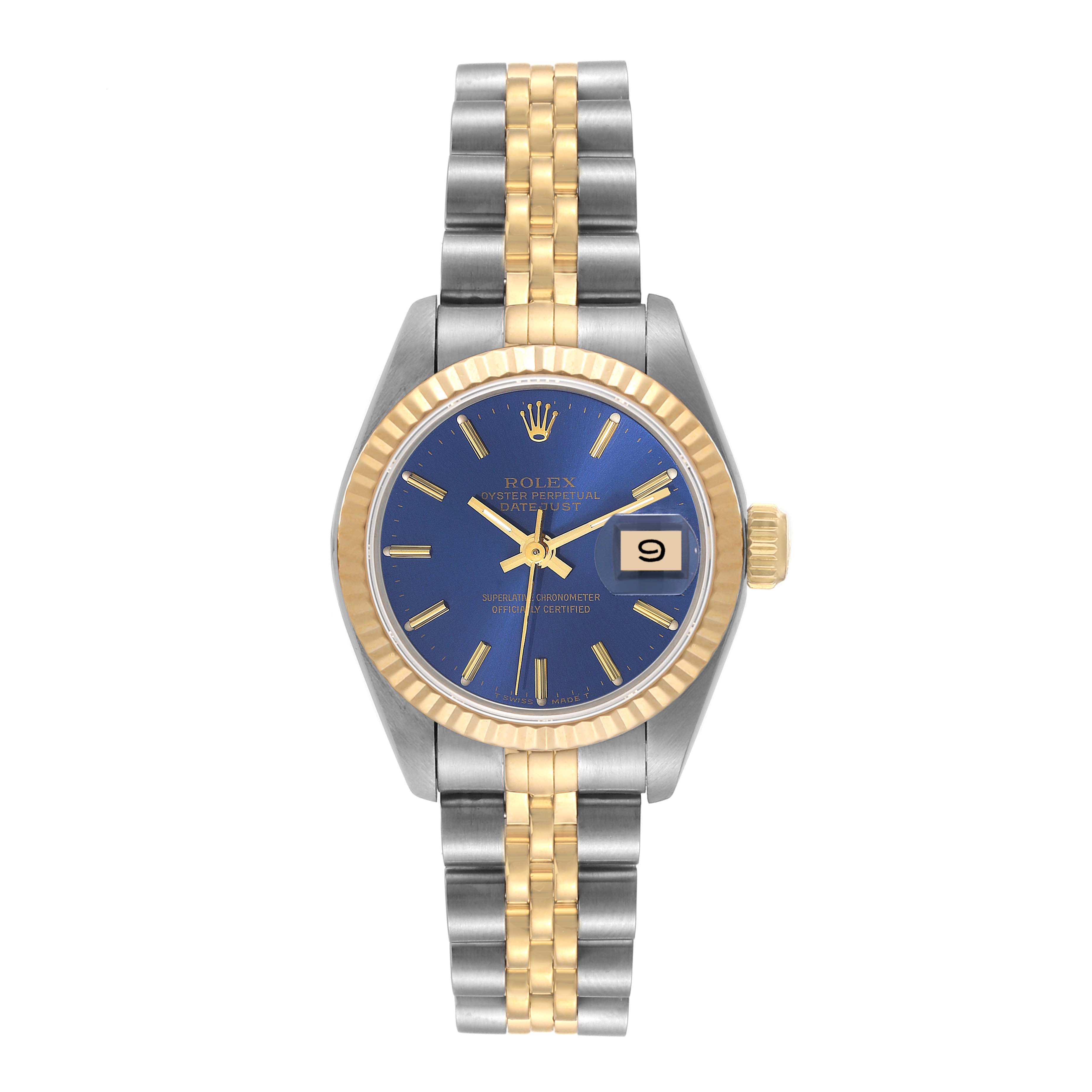 The image shows a front view of a Rolex Datejust 69173 Women's Steel and Gold (two tone) Blue Dial 69173 Women's Steel and Gold (two tone) Blue Dial watch with a two-tone bracelet and a blue dial.