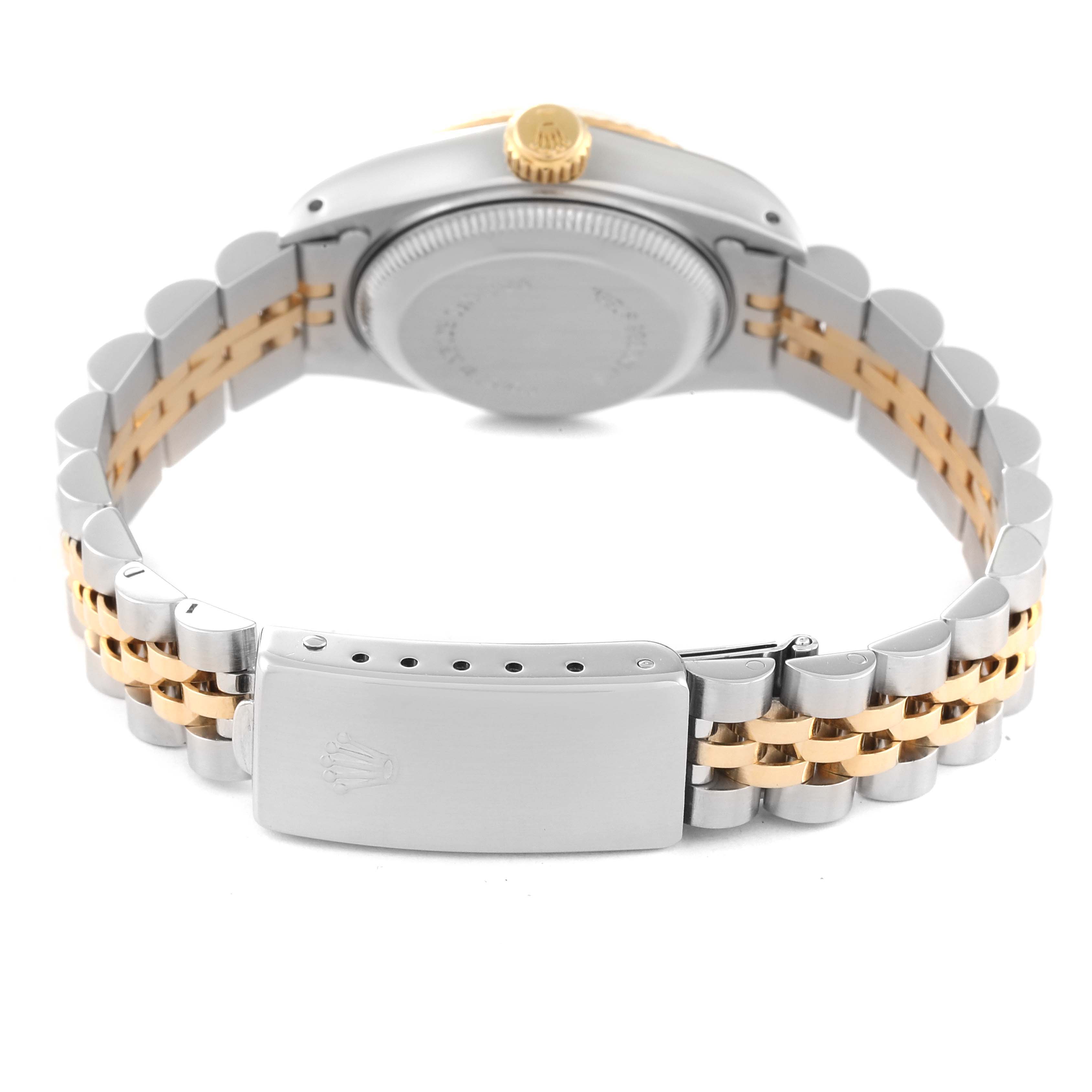 This image shows a rear view of the Rolex Datejust 69173 Women's Steel and Gold (two tone) Champagne Dial 69173 Women's Steel and Gold (two tone) Champagne Dial watch featuring its clasp, bracelet, case back, and crown.