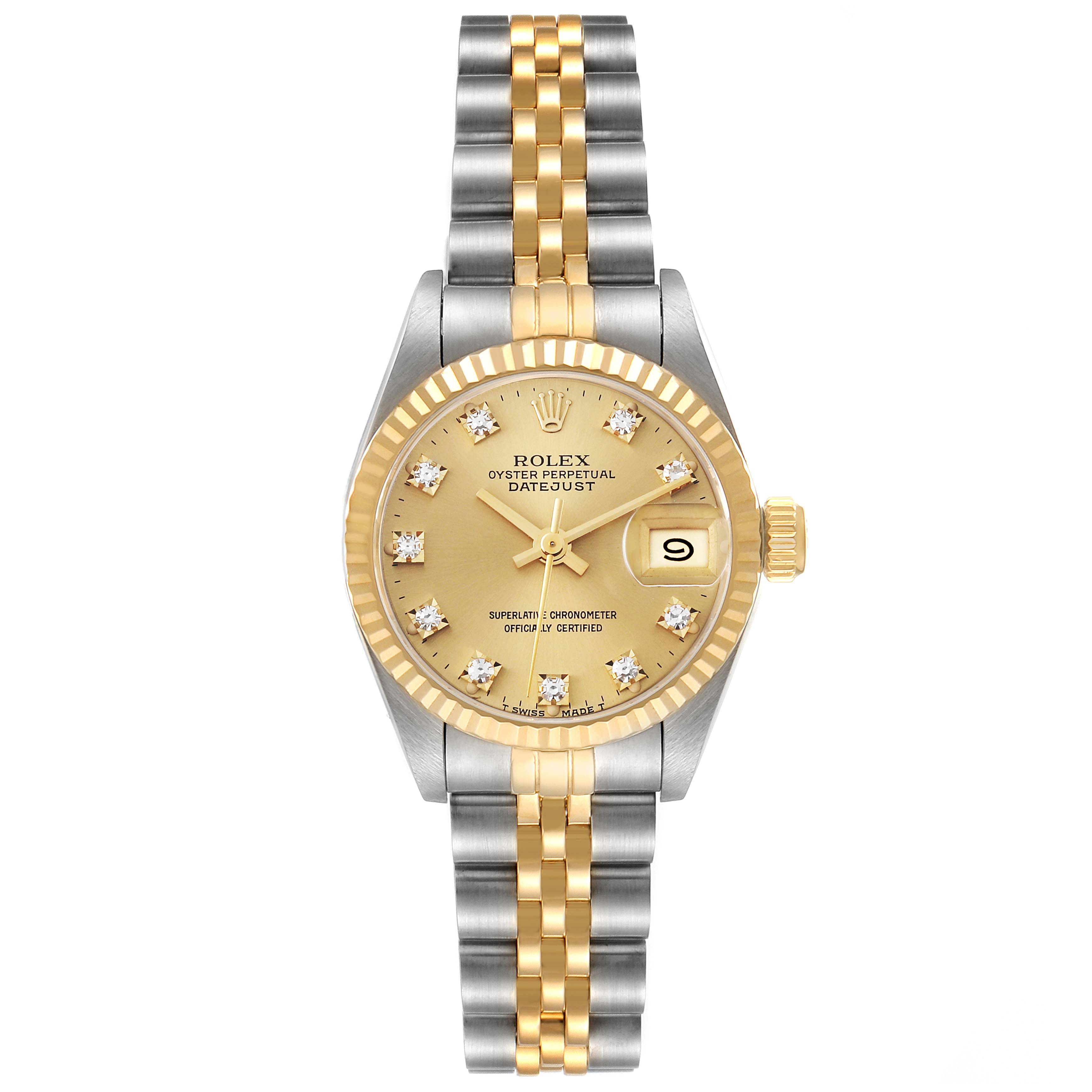 This image shows a frontal view of the Rolex Datejust 69173 Women's Steel and Gold (two tone) Champagne Dial 69173 Women's Steel and Gold (two tone) Champagne Dial watch, showcasing its dial, hands, bezel, bracelet, and date display.