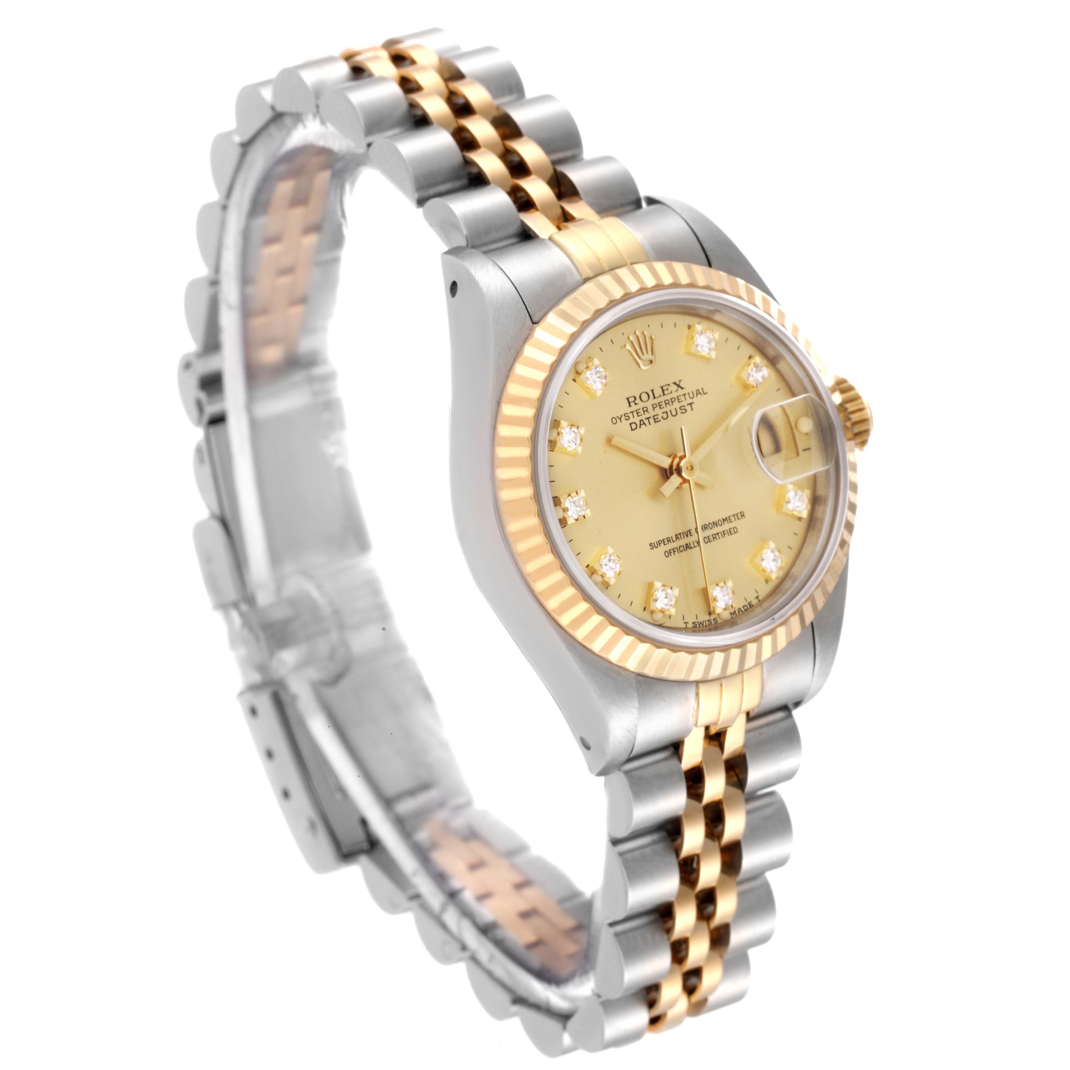 This image shows a Rolex Datejust 69173 Women's Steel and Gold (two tone) Champagne Dial 69173 Women's Steel and Gold (two tone) Champagne Dial model watch from an angled side view, displaying the bracelet, bezel, dial, and crown.