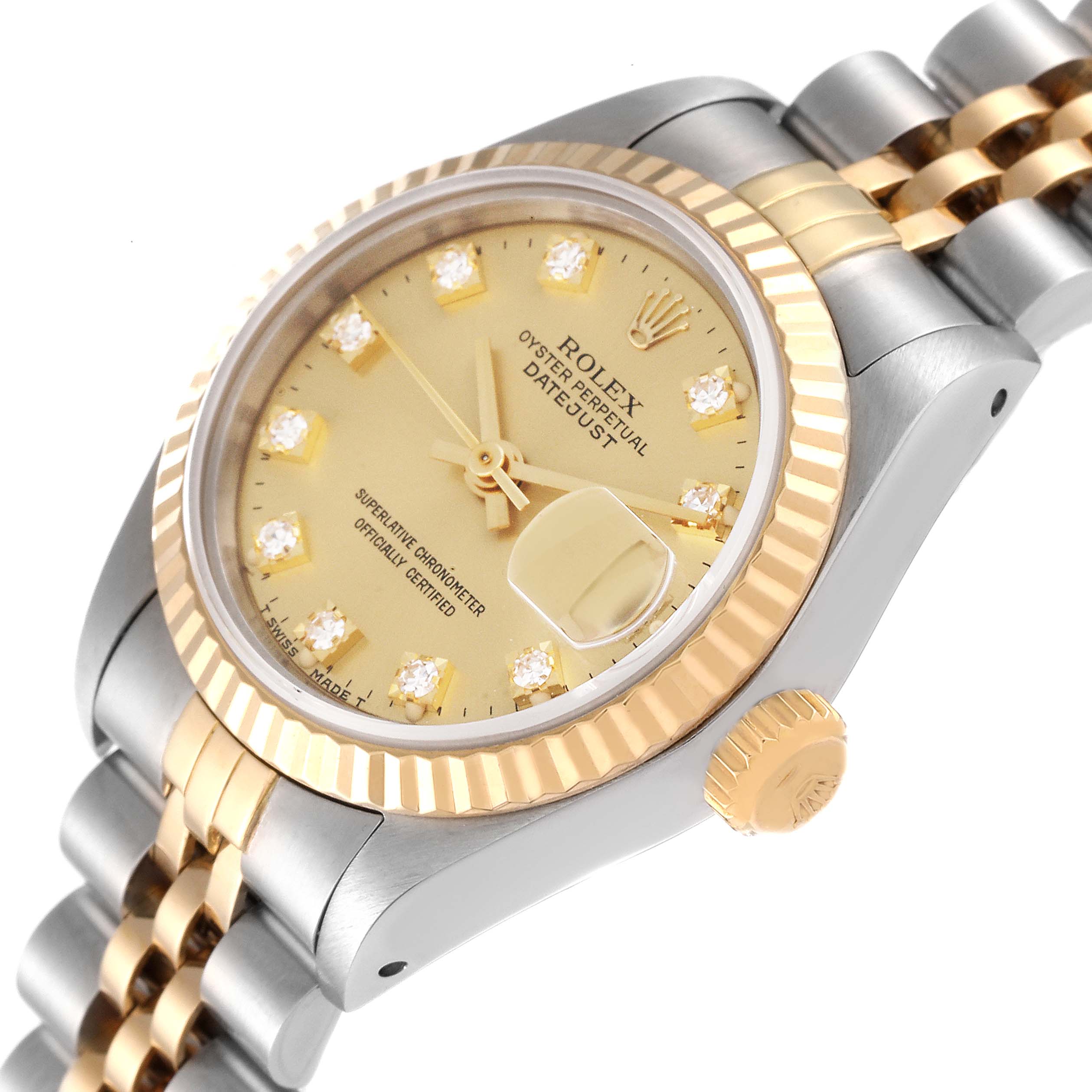 The image shows a close-up of a Rolex Datejust 69173 Women's Steel and Gold (two tone) Champagne Dial 69173 Women's Steel and Gold (two tone) Champagne Dial watch, highlighting its face, bezel, crown, and part of the bracelet.