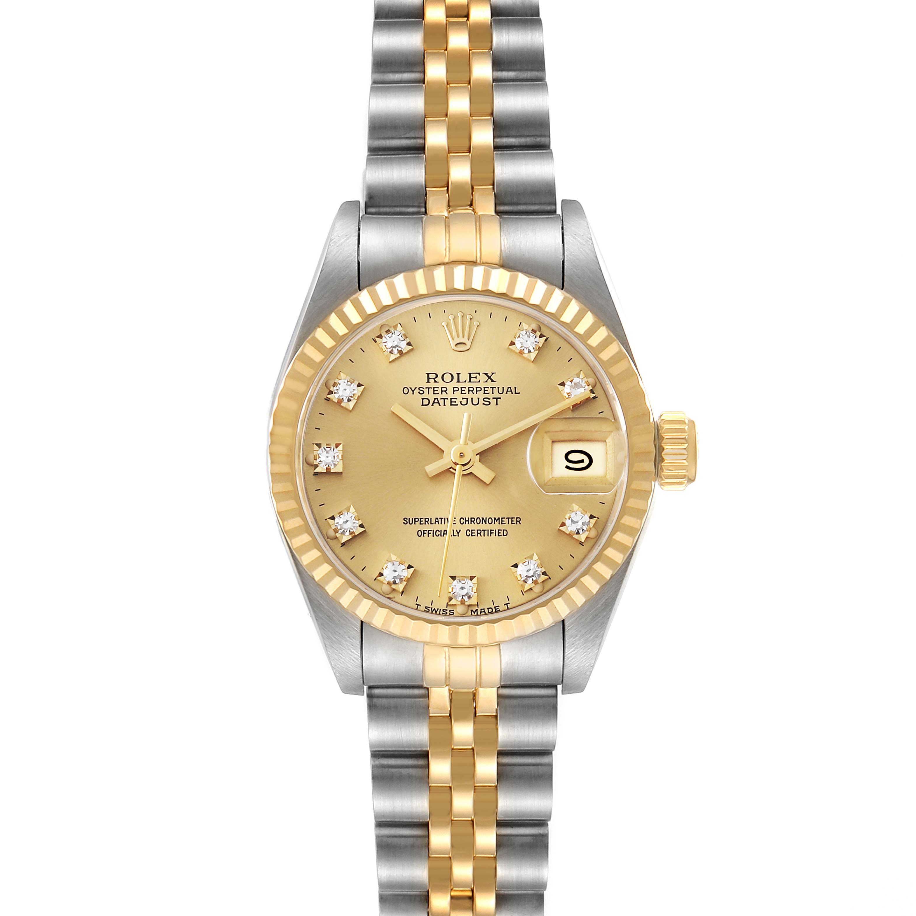 The Rolex Datejust 69173 Women's Steel and Gold (two tone) Champagne Dial 69173 Women's Steel and Gold (two tone) Champagne Dial is shown from a frontal angle, highlighting its gold dial, diamond hour markers, and two-tone Jubilee bracelet.
