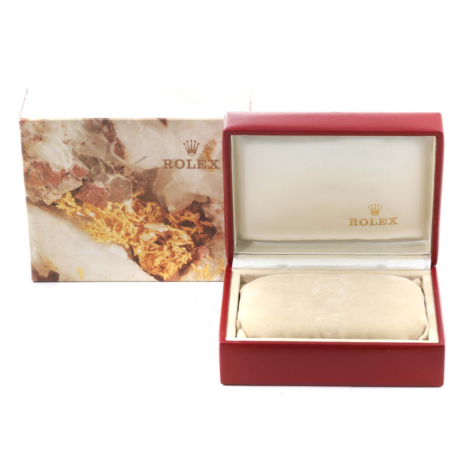 This image shows the packaging for a Rolex Datejust 69173 Women's Steel and Gold (two tone) Champagne Dial 69173 Women's Steel and Gold (two tone) Champagne Dial watch, including the outer box and open inner case with a cushioning pillow.