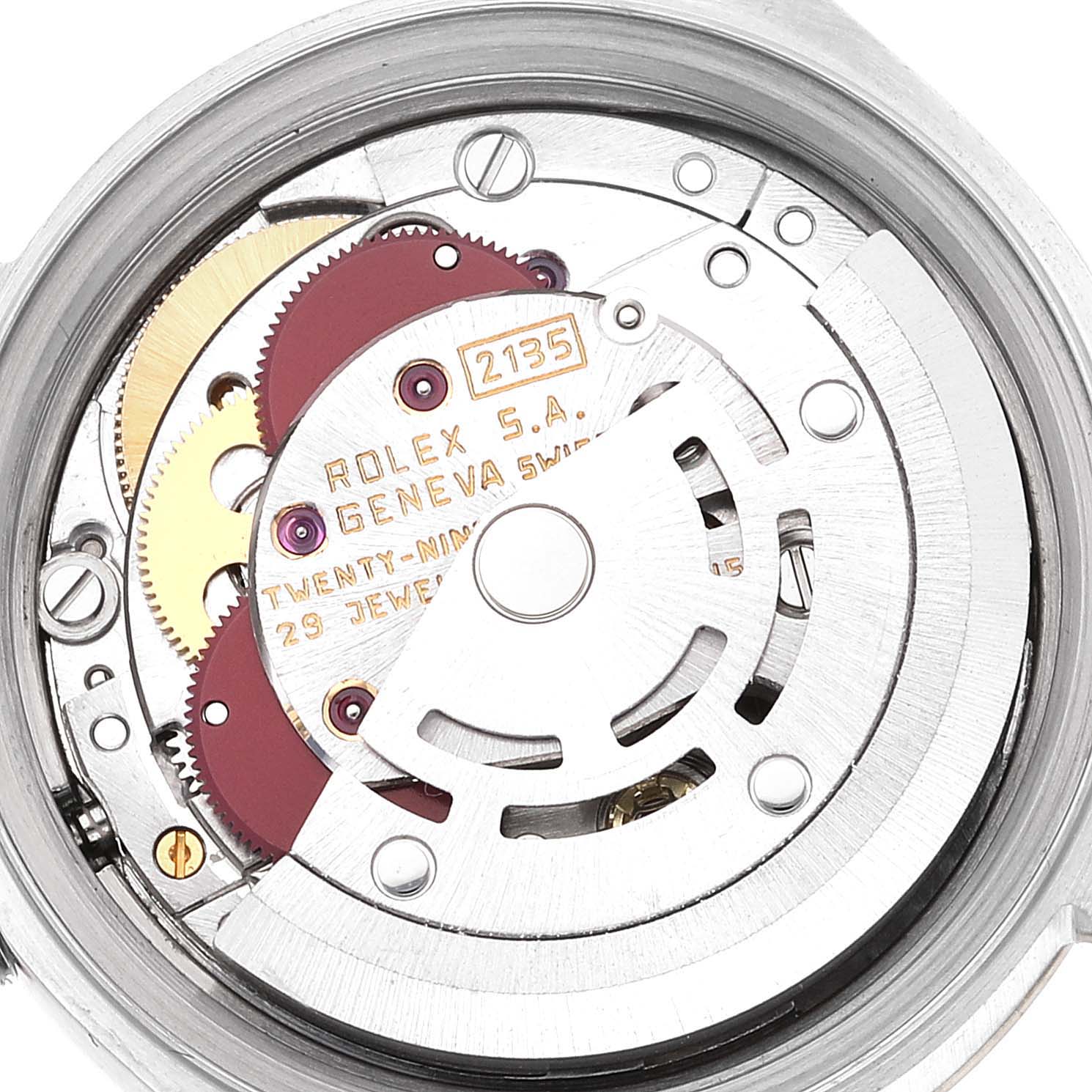 This image shows the intricate internal mechanism of the Rolex Datejust 69173 Women's Steel and Gold (two tone) Champagne Dial 69173 Women's Steel and Gold (two tone) Champagne Dial watch, viewed from the back casing.