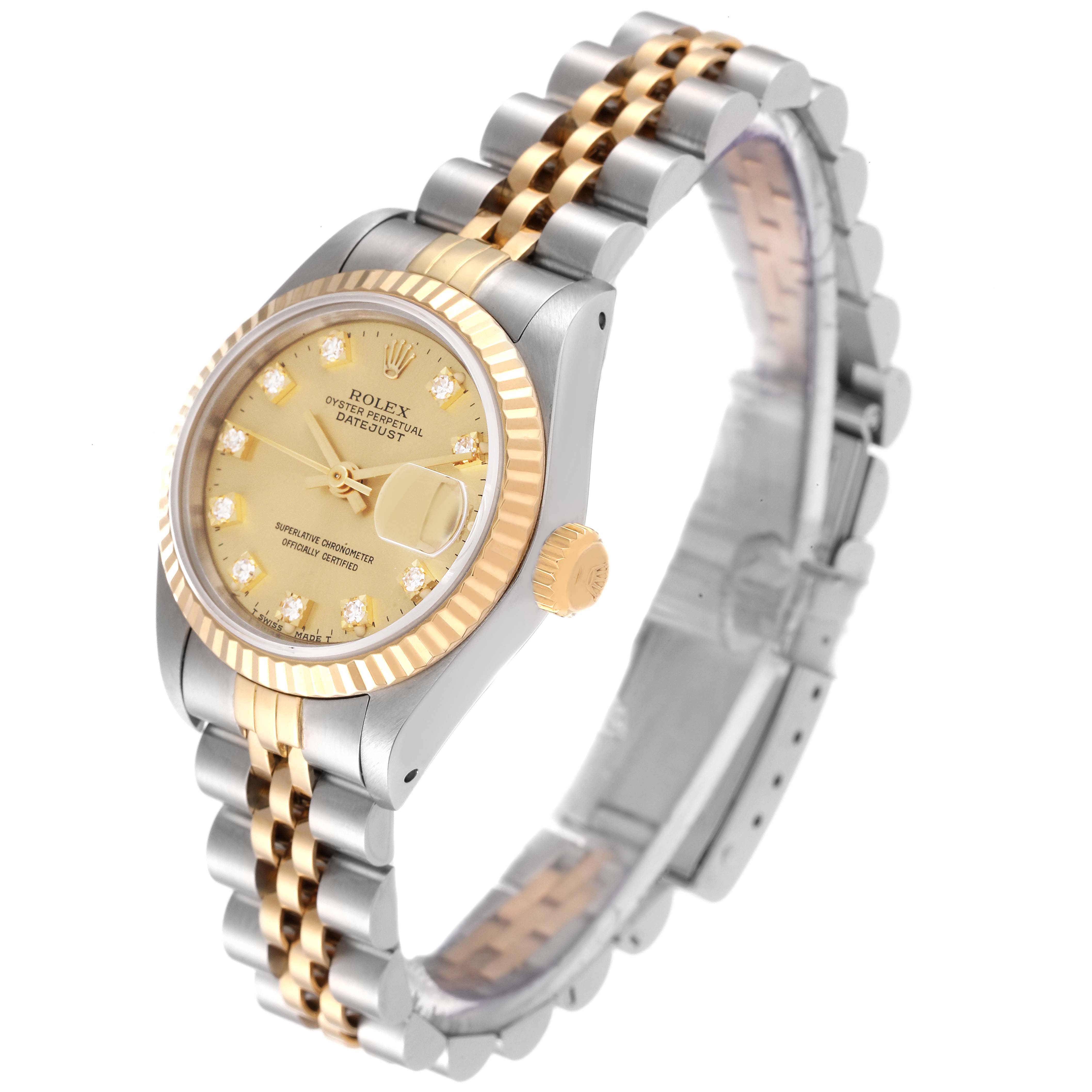 The image shows a Rolex Datejust 69173 Women's Steel and Gold (two tone) Champagne Dial 69173 Women's Steel and Gold (two tone) Champagne Dial watch from a three-quarter angle, displaying the face, bezel, and part of the jubilee bracelet.