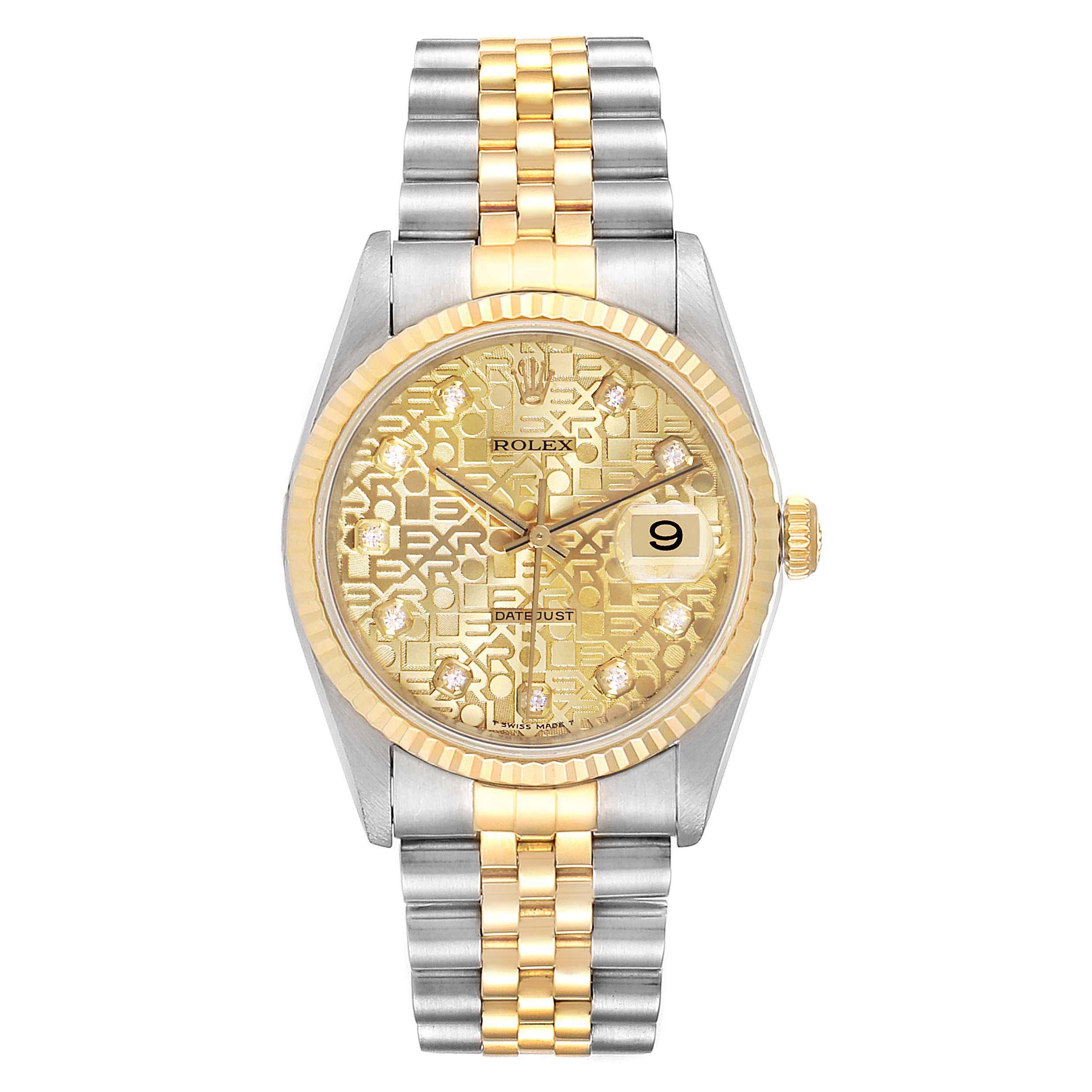 This image shows a front view of a Rolex Datejust 16233 Men's Steel and Gold (two tone) Champagne Dial 16233 Men's Steel and Gold (two tone) Champagne Dial watch, highlighting its gold and silver bracelet, gold dial, and date display.
