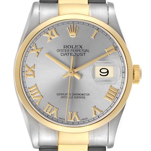 The Rolex Datejust 16203 Men's Steel and Gold (two tone) Silver Dial watch is shown from a front angle, highlighting the dial, gold bezel, and Roman numeral hour markers.