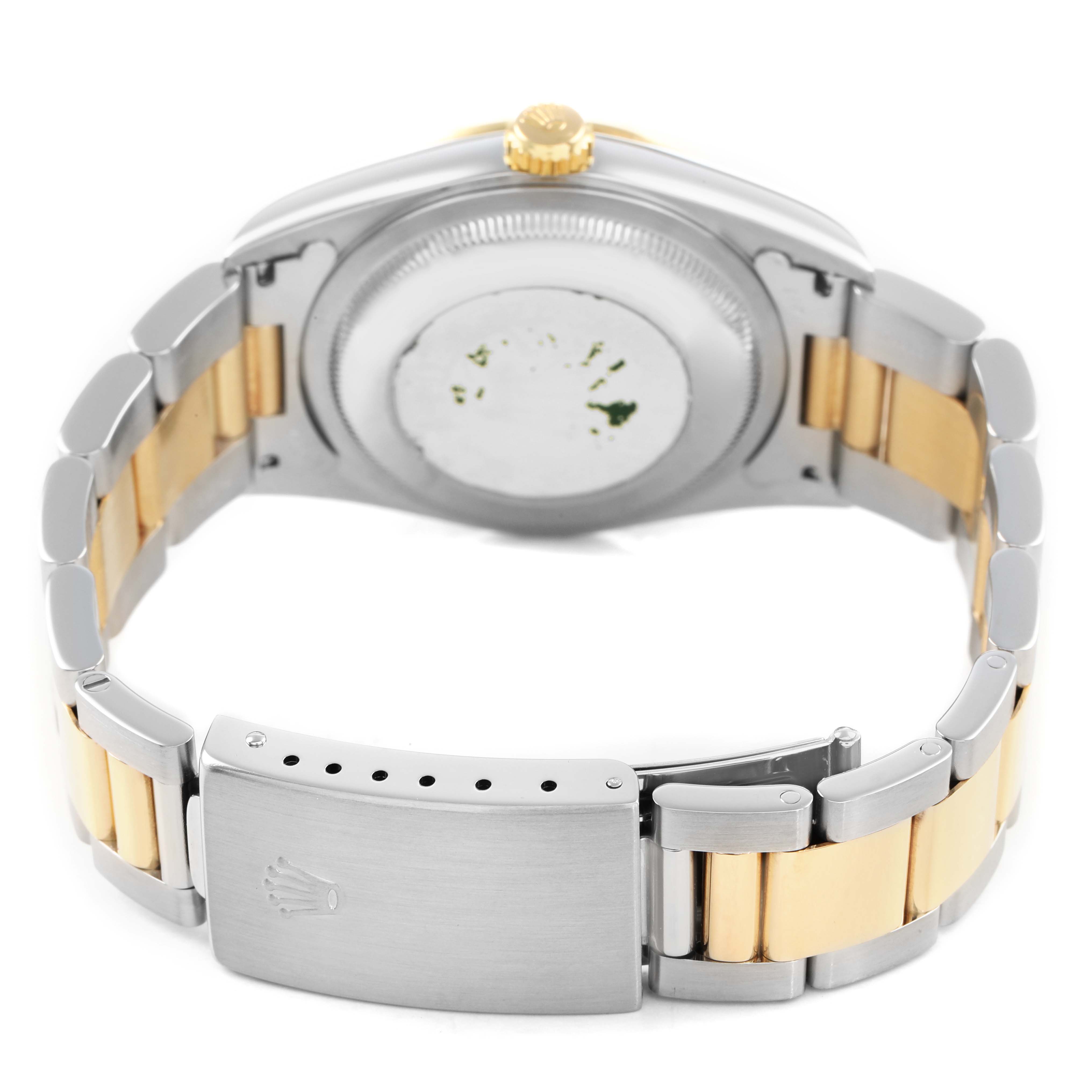 The image shows the back view of a Rolex Datejust 16203 Men's Steel and Gold (two tone) Silver Dial watch, highlighting its two-tone bracelet and clasp.