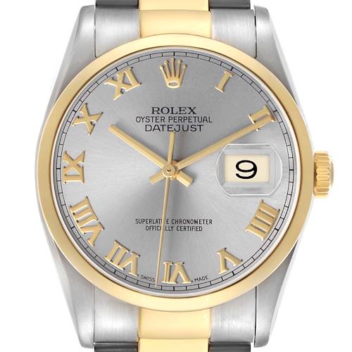 The Rolex Datejust 16203 Men's Steel and Gold (two tone) Silver Dial watch is shown from the front, highlighting its silver and gold dial, Roman numerals, and date window.