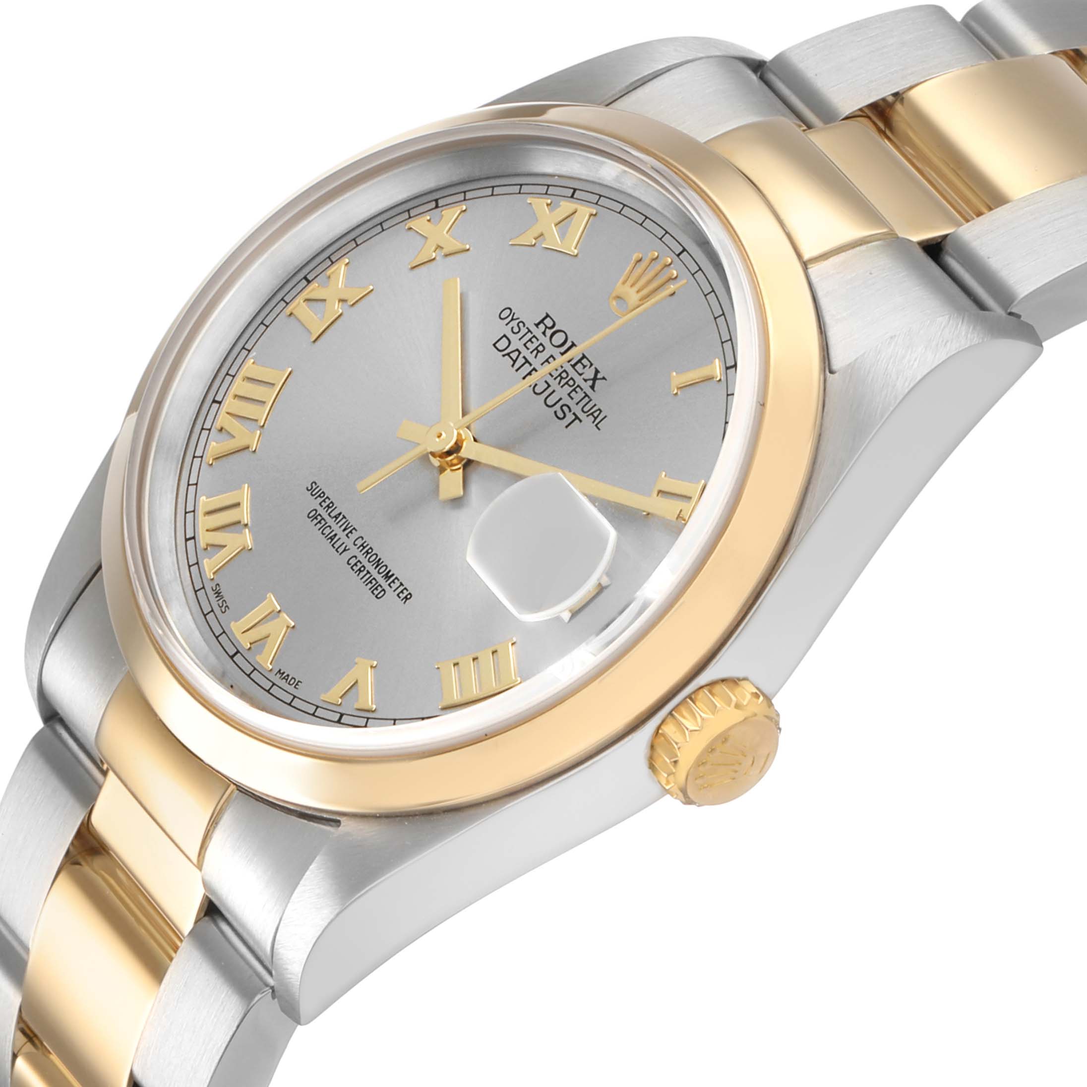 The Rolex Datejust 16203 Men's Steel and Gold (two tone) Silver Dial watch is shown at an angled side view, displaying the dial, bezel, crown, and part of the bracelet.