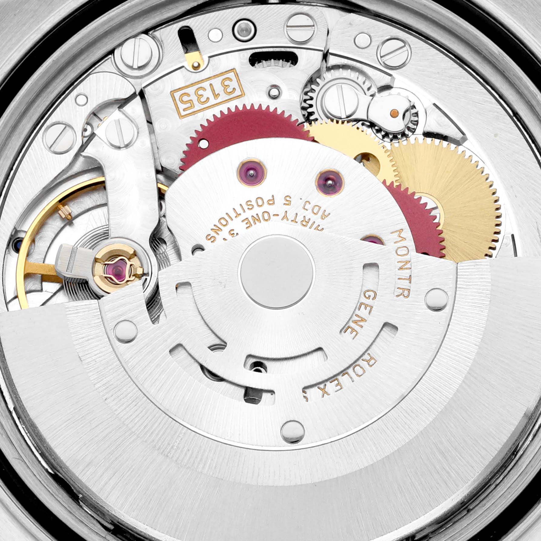 The image shows the movement of a Rolex Datejust 16203 Men's Steel and Gold (two tone) Silver Dial watch, featuring gears and mechanical components from a top view.