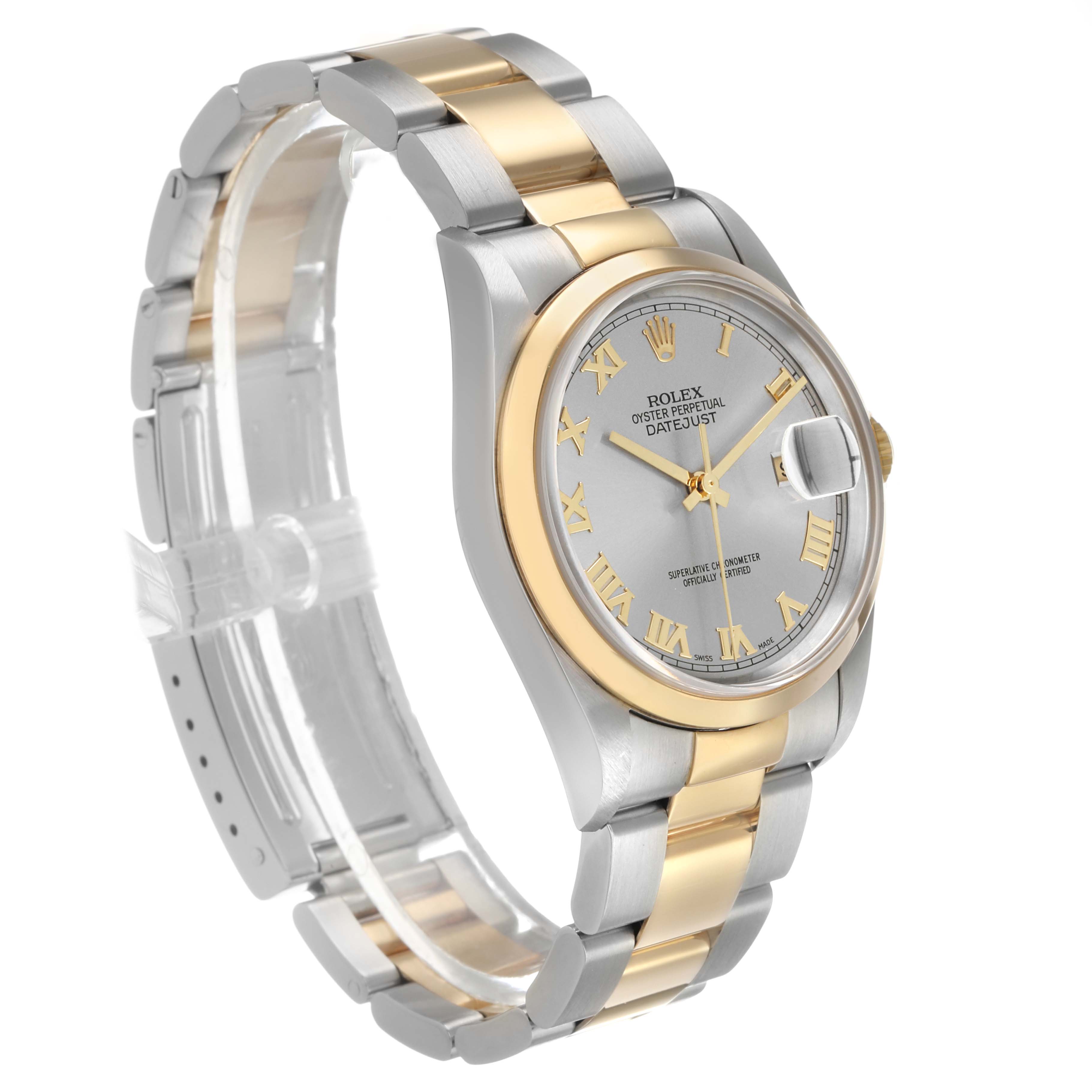 The Rolex Datejust 16203 Men's Steel and Gold (two tone) Silver Dial watch is shown at a three-quarter angle, highlighting the dial, bezel, crown, and bracelet.
