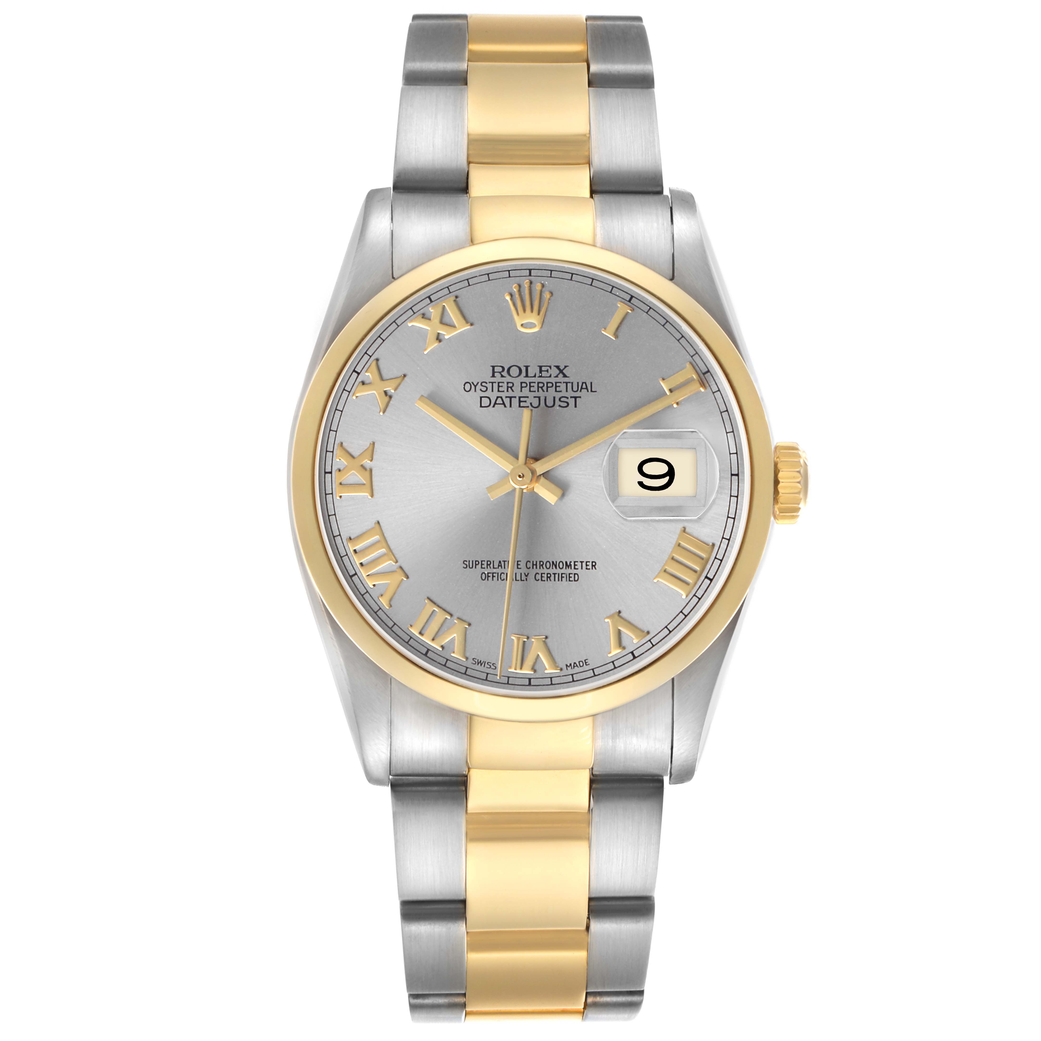The Rolex Datejust 16203 Men's Steel and Gold (two tone) Silver Dial watch is shown from a top-down angle, highlighting its dial, gold bezel, and two-tone bracelet.