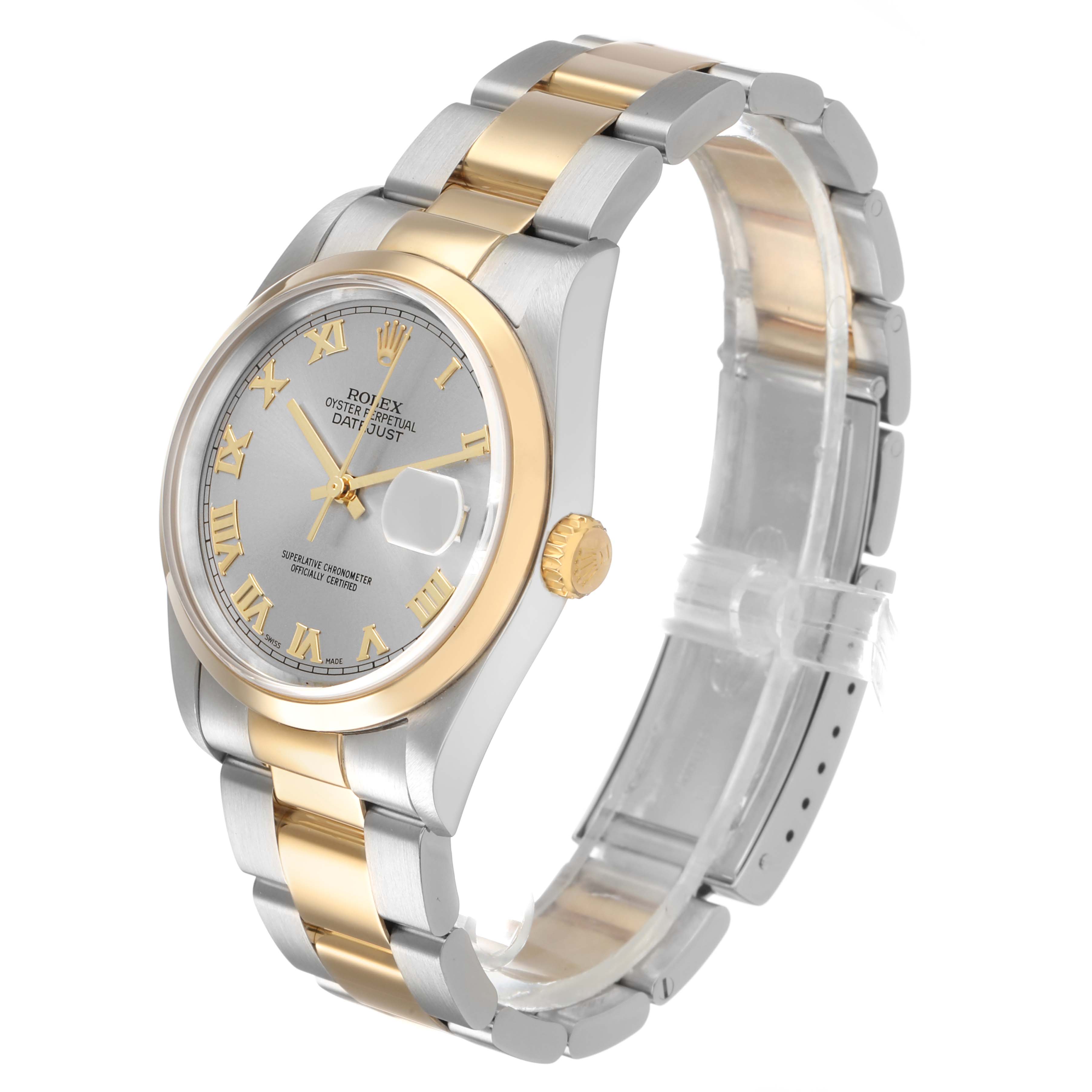 The Rolex Datejust 16203 Men's Steel and Gold (two tone) Silver Dial watch is shown at a three-quarter angle, highlighting the bezel, dial, crown, and bracelet.