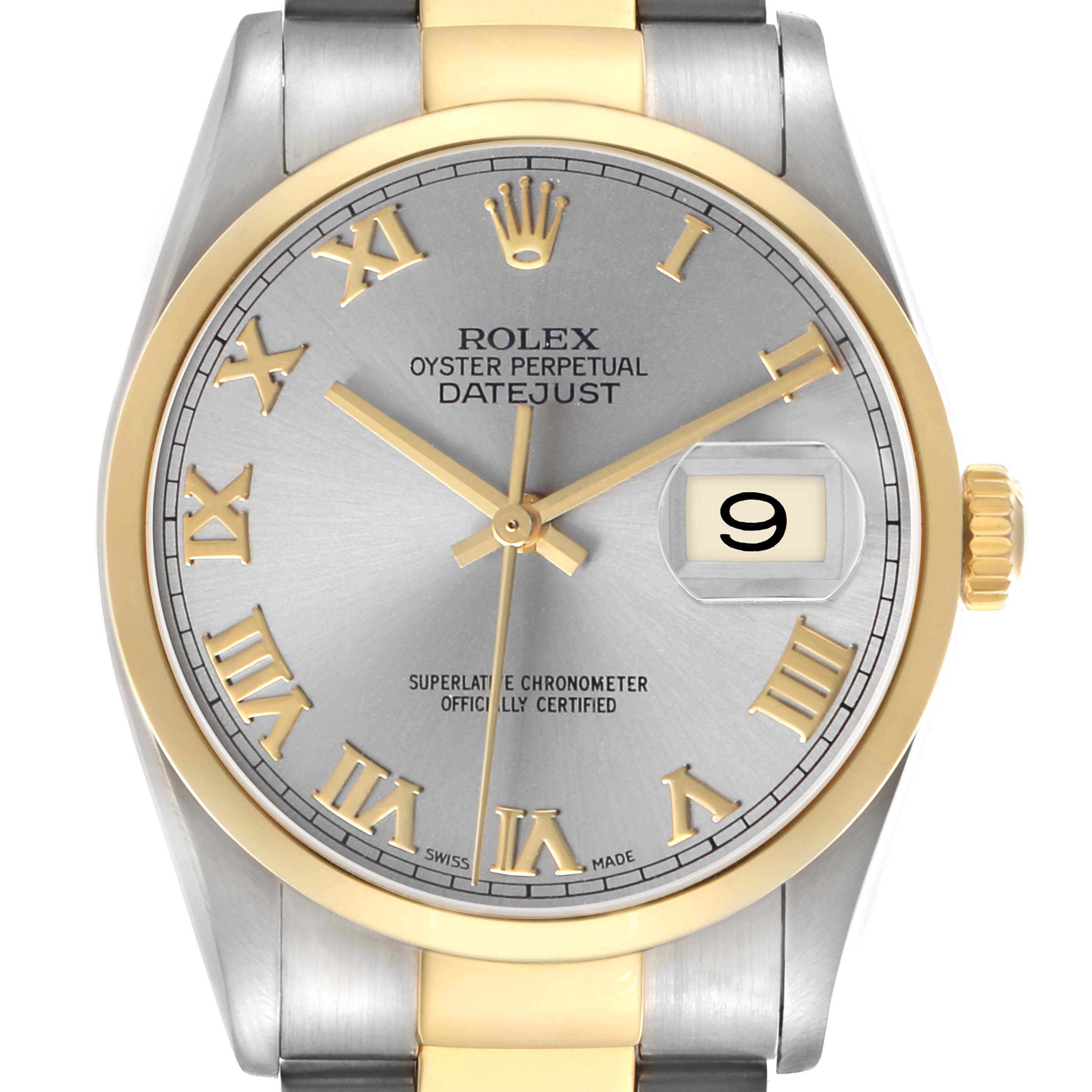 The Rolex Datejust 16203 Men's Steel and Gold (two tone) Silver Dial is shown from the front, highlighting the dial, hands, date window, and two-tone bezel.
