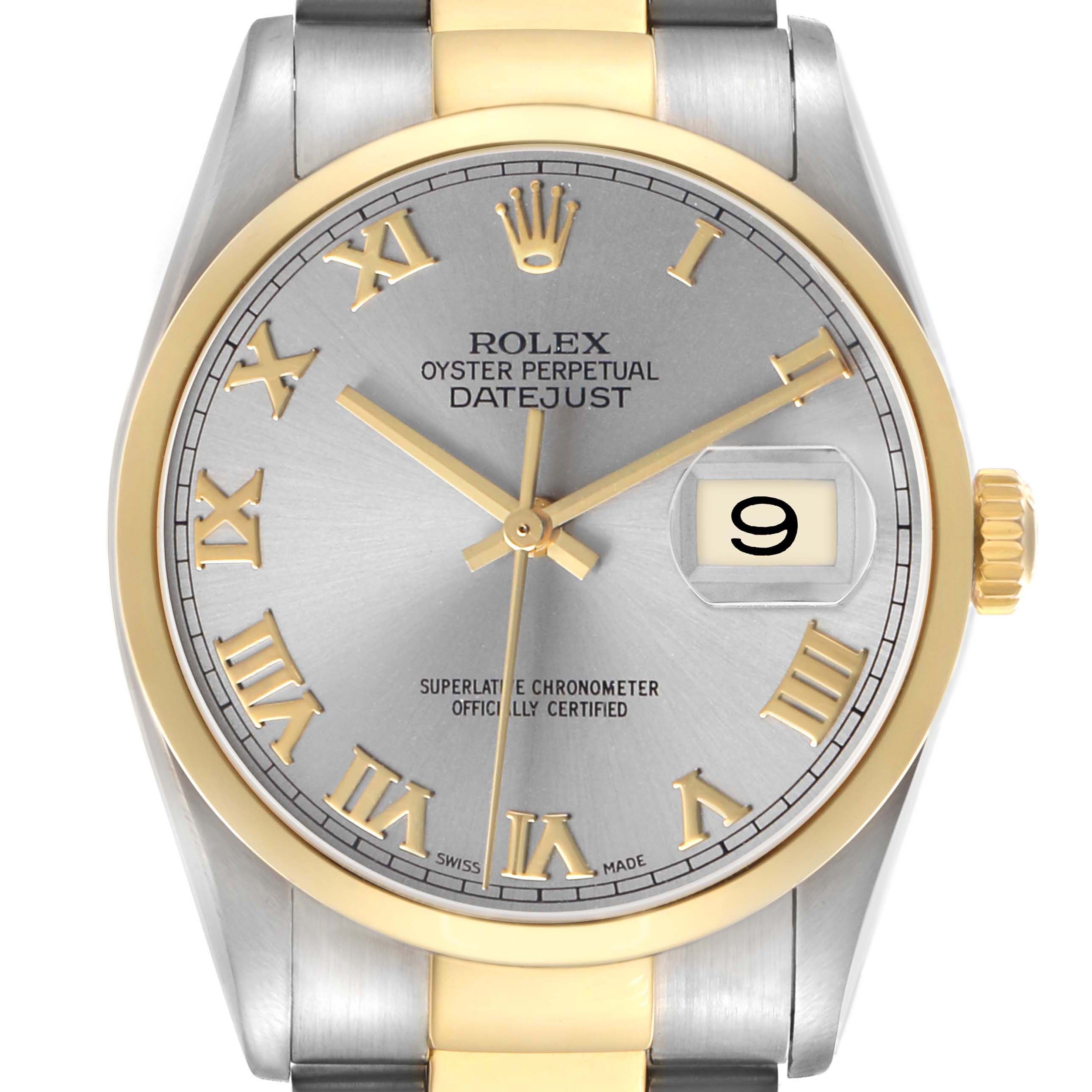 The Rolex Datejust 16203 Men's Steel and Gold (two tone) Silver Dial watch is shown from a front angle, highlighting the dial, case, bracelet, and date window.