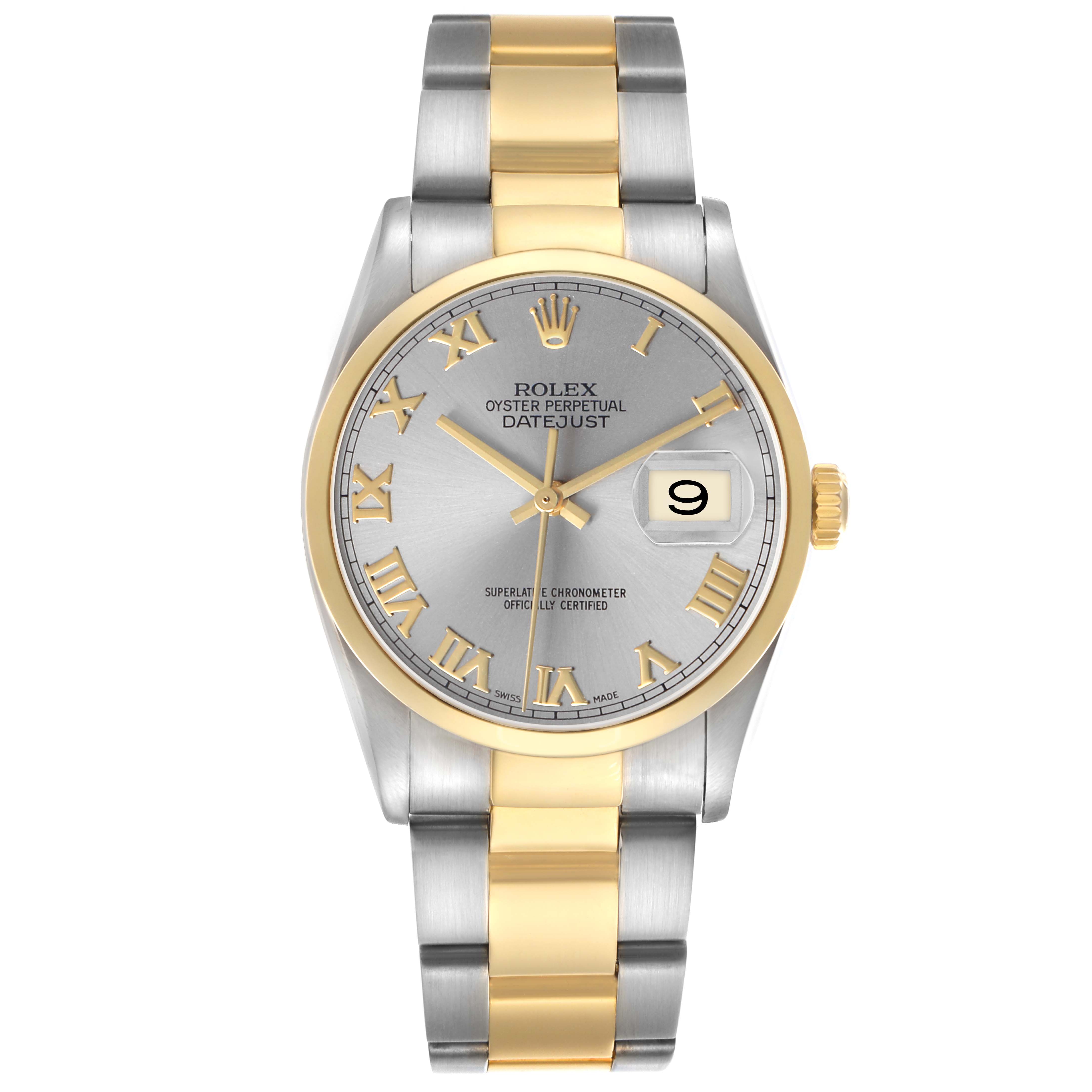The Rolex Datejust 16203 Men's Steel and Gold (two tone) Silver Dial watch is shown from a front angle, highlighting the face, bezel, and two-tone bracelet.