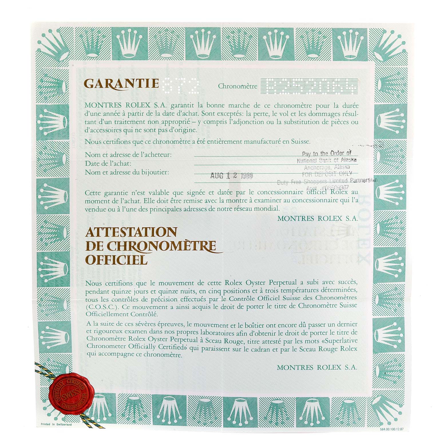 This image shows the warranty and official chronometer certificate for a Rolex Datejust 69173 Women's Steel and Gold (two tone) Silver Dial 69173 Women's Steel and Gold (two tone) Silver Dial watch.