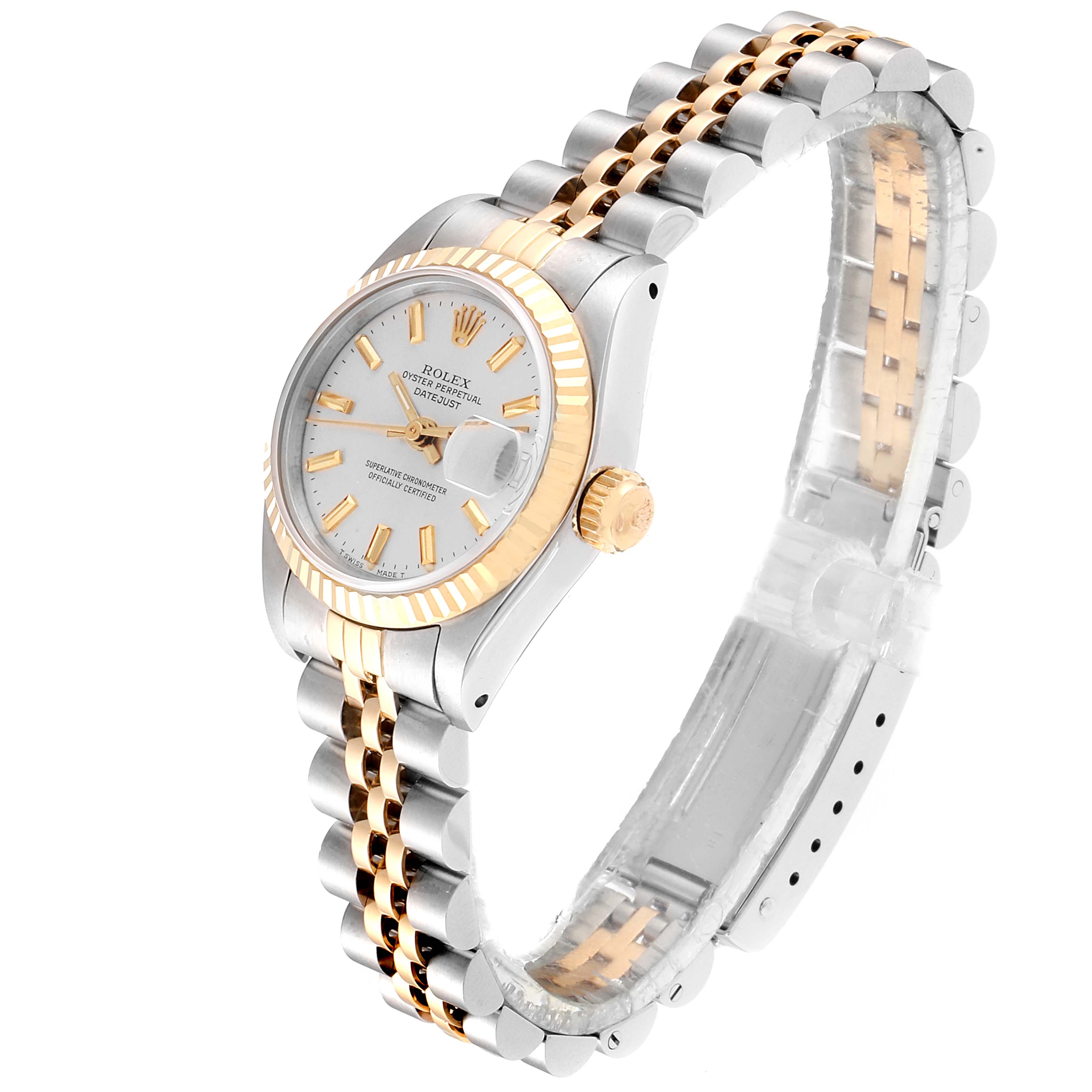This image shows a Rolex Datejust 69173 Women's Steel and Gold (two tone) Silver Dial 69173 Women's Steel and Gold (two tone) Silver Dial watch at an angled view, highlighting the dial, bezel, crown, and two-tone bracelet.