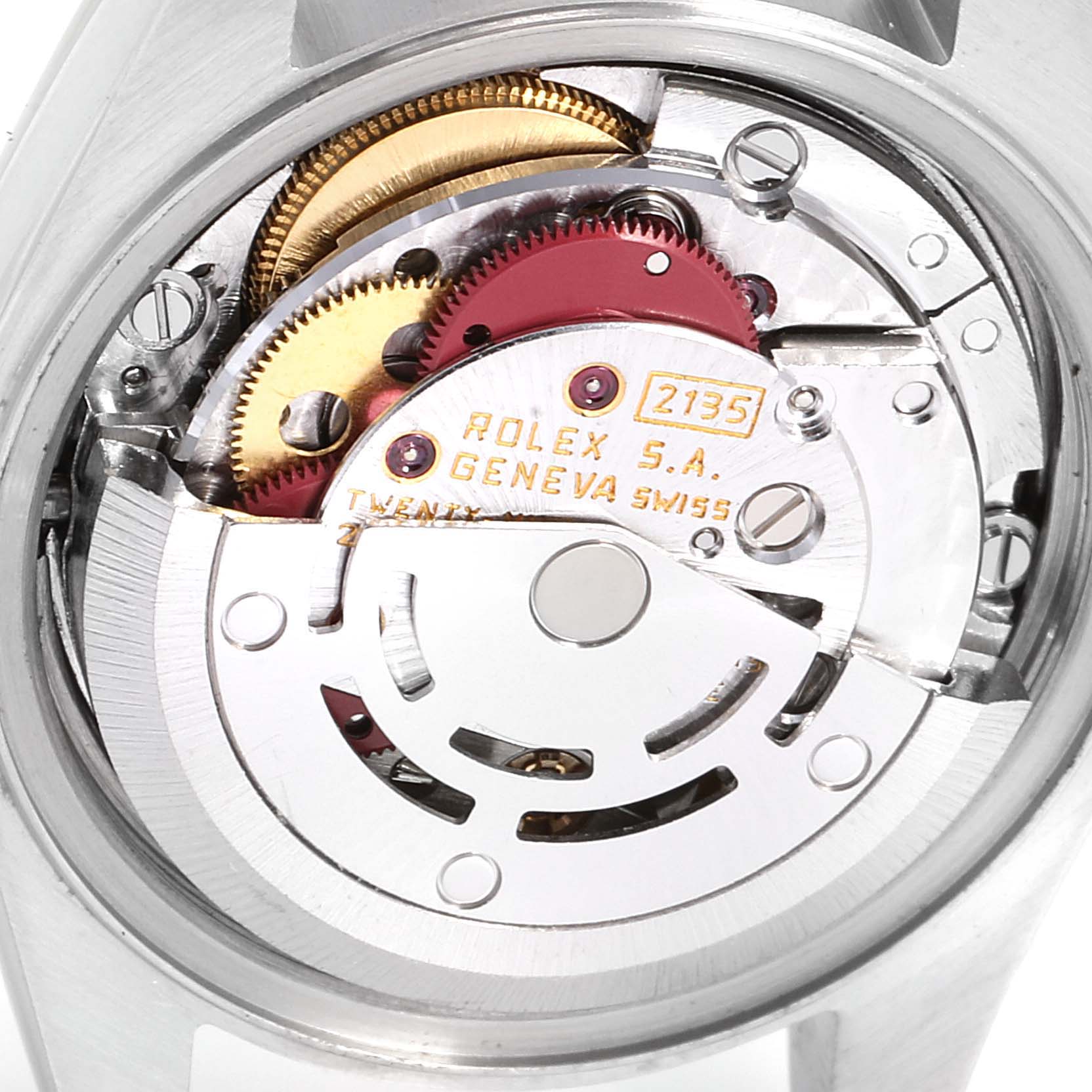 This image shows the inner mechanical movement and components of a Rolex Datejust 69173 Women's Steel and Gold (two tone) Silver Dial 69173 Women's Steel and Gold (two tone) Silver Dial watch at a close-up angle.