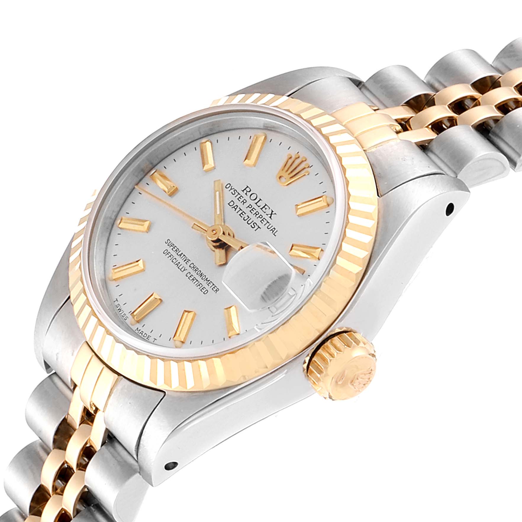 The Rolex Datejust 69173 Women's Steel and Gold (two tone) Silver Dial 69173 Women's Steel and Gold (two tone) Silver Dial watch is shown at a tilted side angle, highlighting its face, bezel, crown, and part of the bracelet.