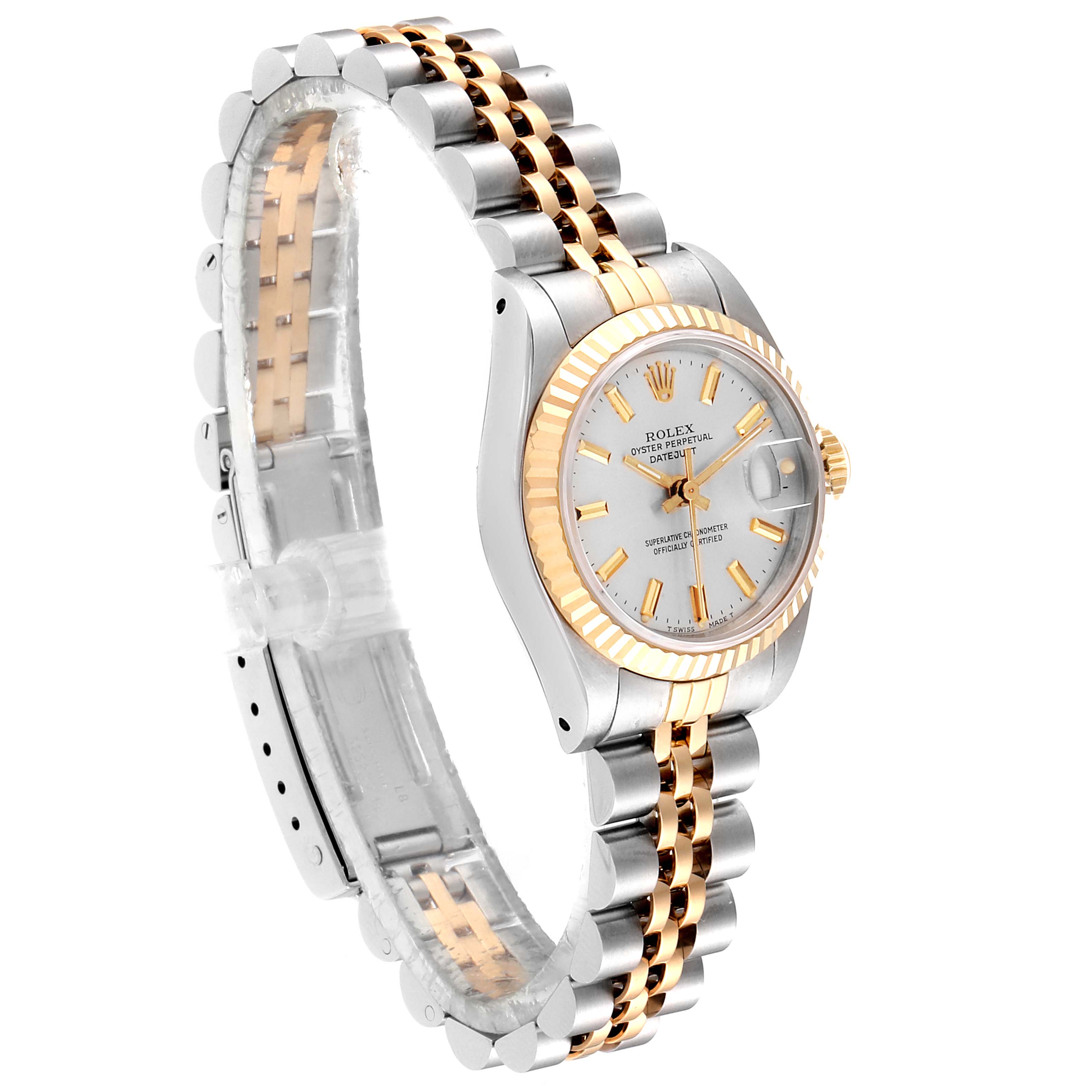 This Rolex Datejust 69173 Women's Steel and Gold (two tone) Silver Dial 69173 Women's Steel and Gold (two tone) Silver Dial model is shown from a side angle, highlighting the case, dial, crown, and two-tone bracelet.
