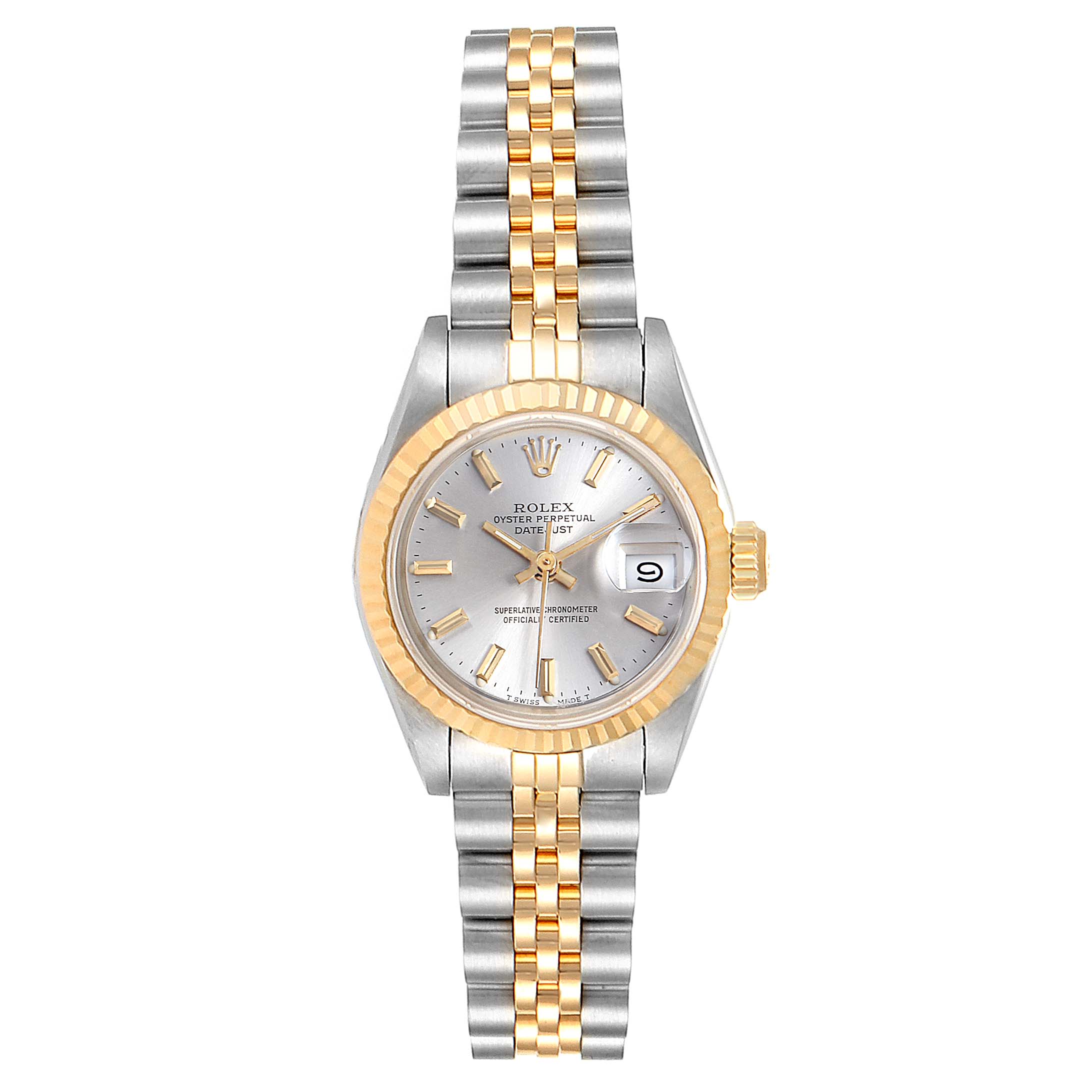 This image shows a front view of the Rolex Datejust 69173 Women's Steel and Gold (two tone) Silver Dial 69173 Women's Steel and Gold (two tone) Silver Dial watch, highlighting its dial, bezel, and bracelet.