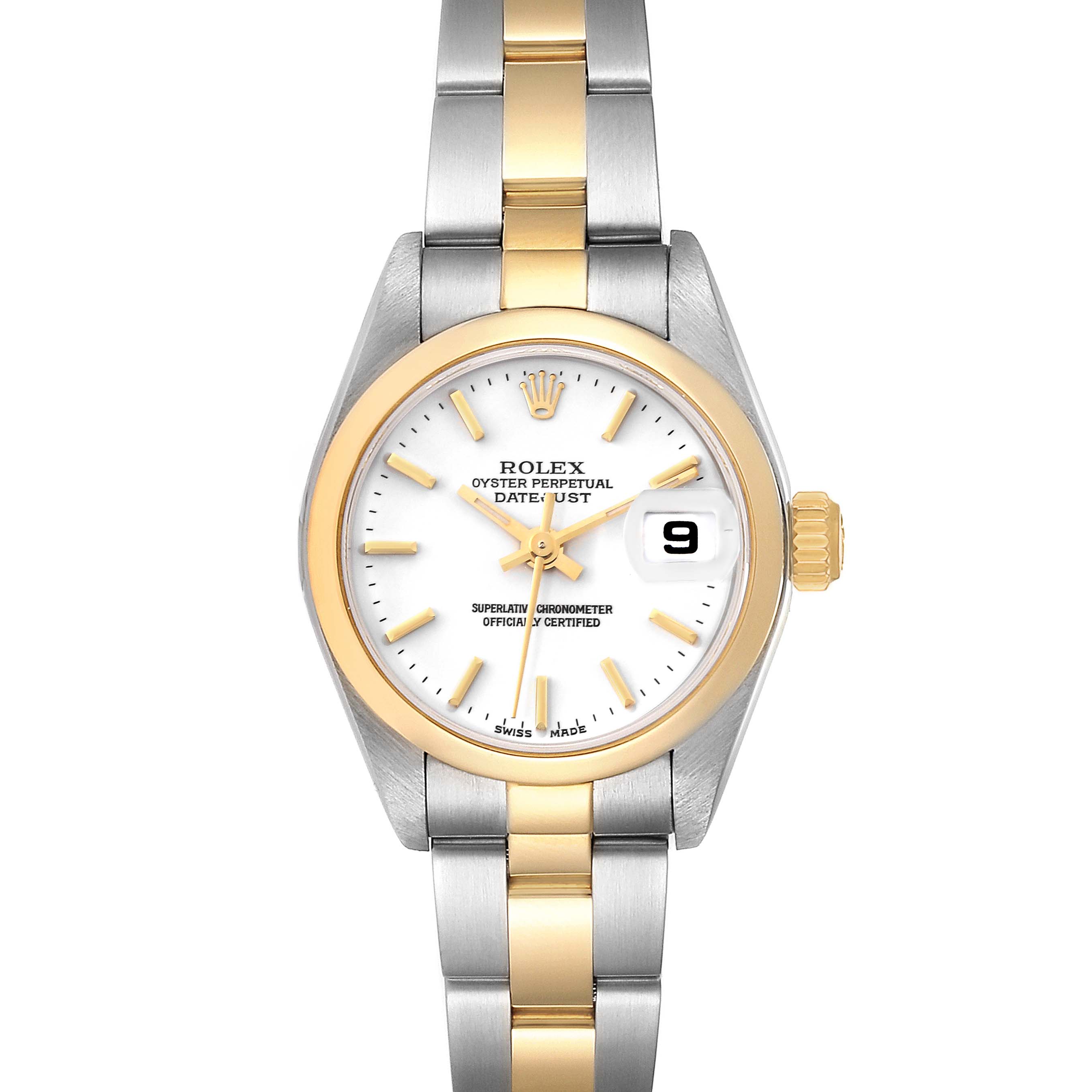 The image shows a front view of a Rolex Datejust 79163 Women's Steel and Gold (two tone) White Dial 79163 Women's Steel and Gold (two tone) White Dial watch, displaying its face, bezel, crown, and bracelet.