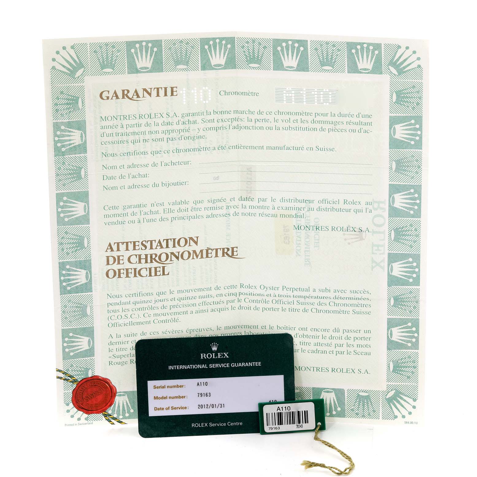 The image shows the guarantee certificate and international service guarantee card for a Rolex Datejust 79163 Women's Steel and Gold (two tone) White Dial 79163 Women's Steel and Gold (two tone) White Dial watch.