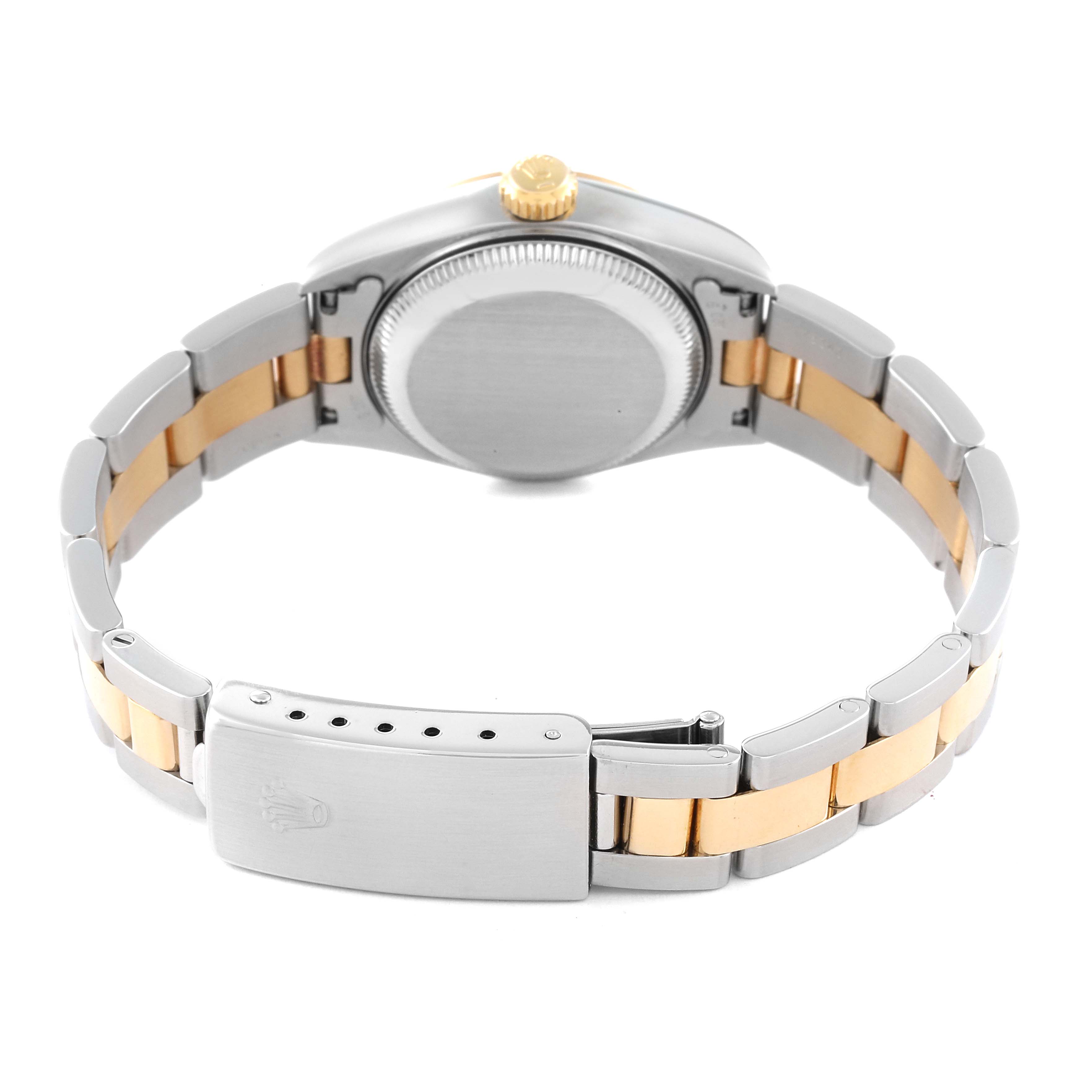 The image shows the back of a Rolex Datejust 79163 Women's Steel and Gold (two tone) White Dial 79163 Women's Steel and Gold (two tone) White Dial watch, highlighting the case back, bracelet, and clasp.