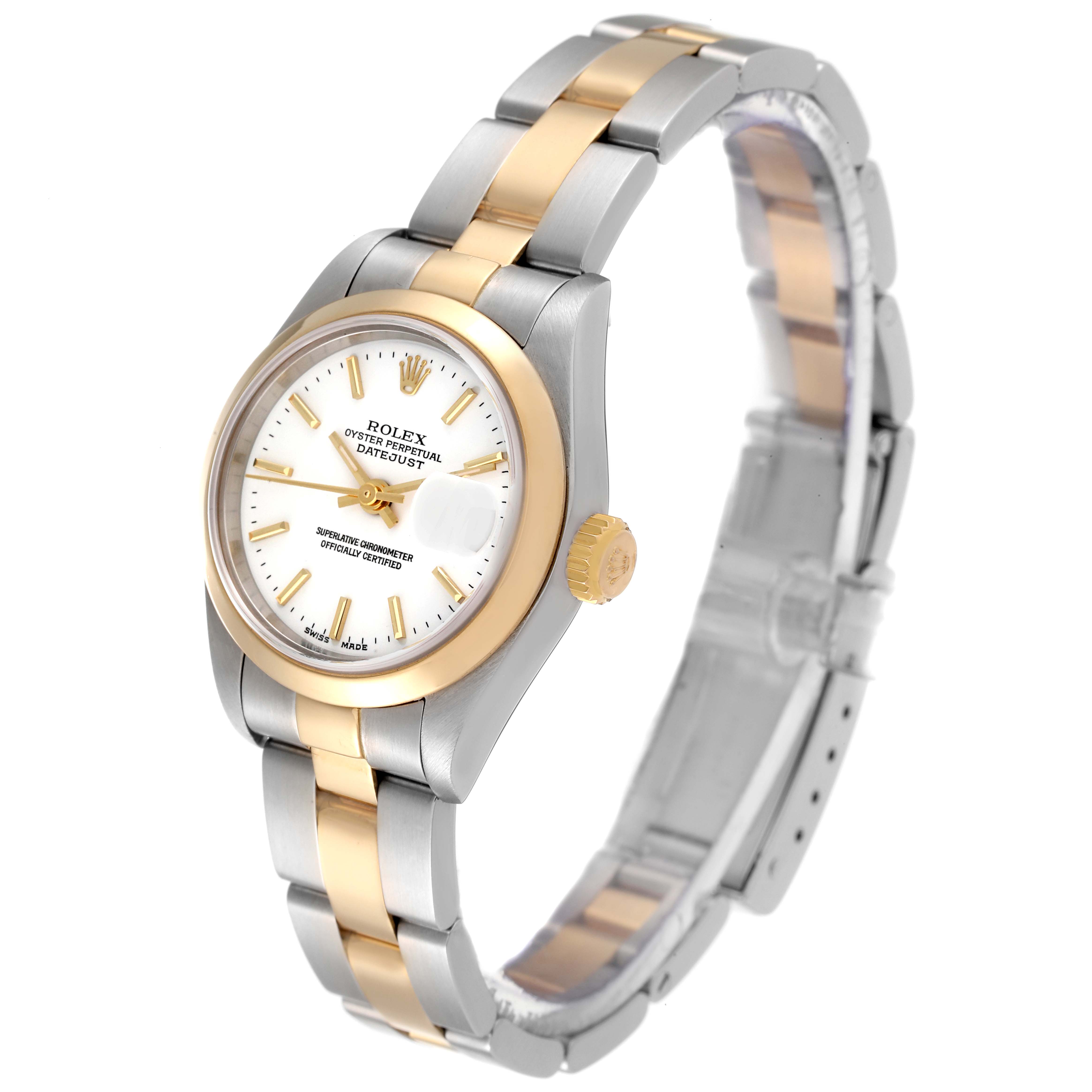 The Rolex Datejust 79163 Women's Steel and Gold (two tone) White Dial 79163 Women's Steel and Gold (two tone) White Dial watch is shown from a front-side angle, highlighting its two-tone bracelet and bezel.