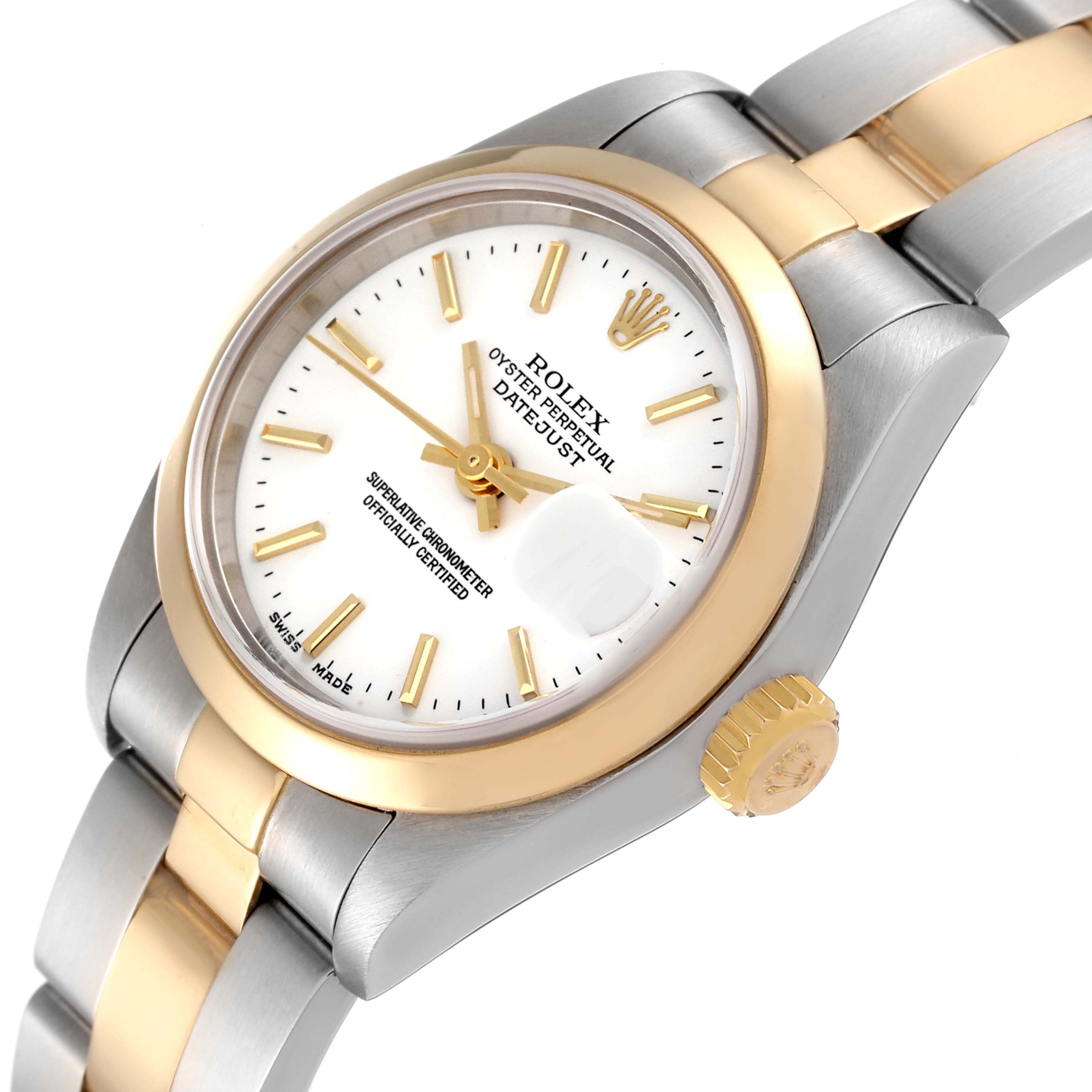 The image shows a Rolex Datejust 79163 Women's Steel and Gold (two tone) White Dial 79163 Women's Steel and Gold (two tone) White Dial watch angled slightly from the top, highlighting the dial, bezel, crown, and bracelet.