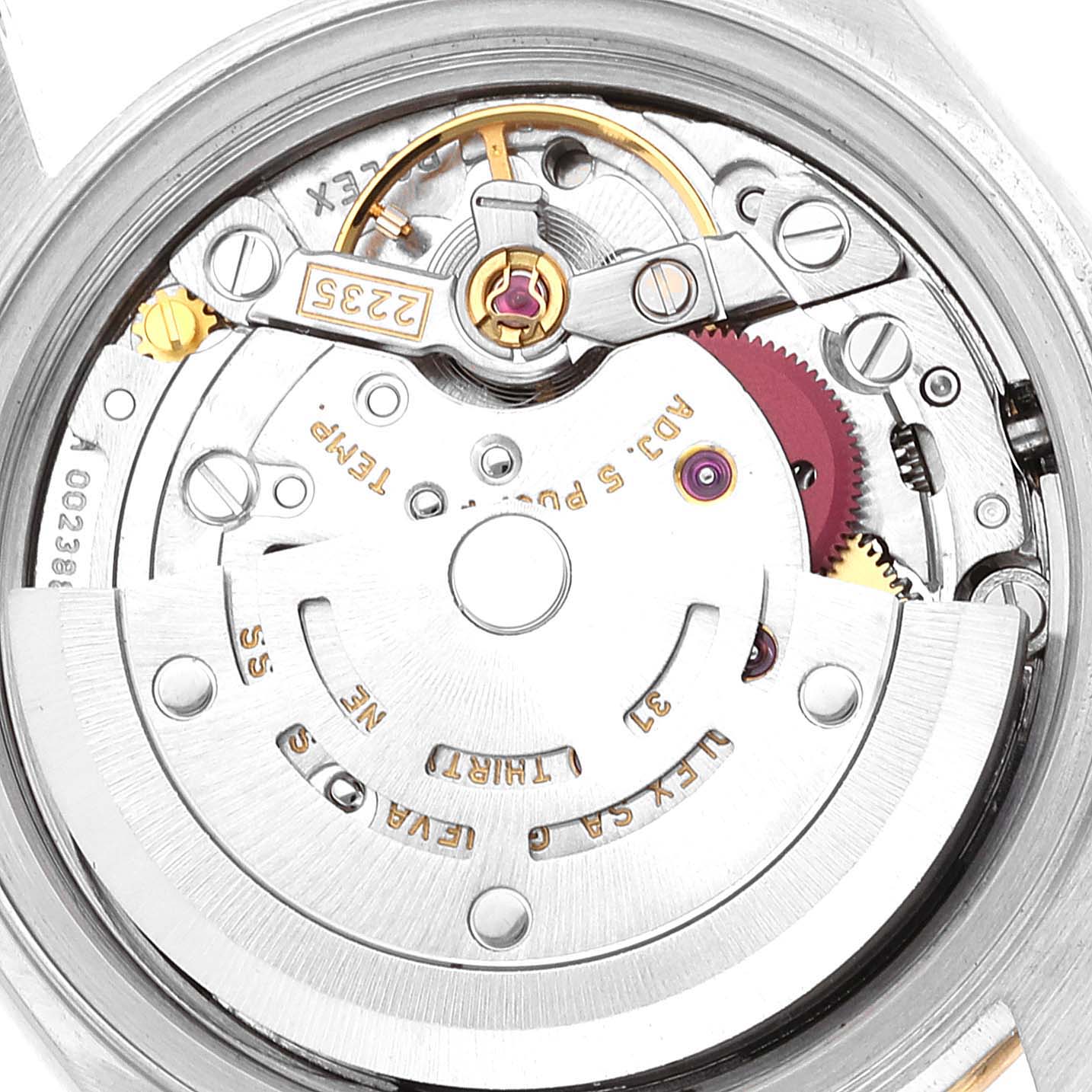 The image shows the movement mechanism of a Rolex Datejust 79163 Women's Steel and Gold (two tone) White Dial 79163 Women's Steel and Gold (two tone) White Dial watch from a back angle.