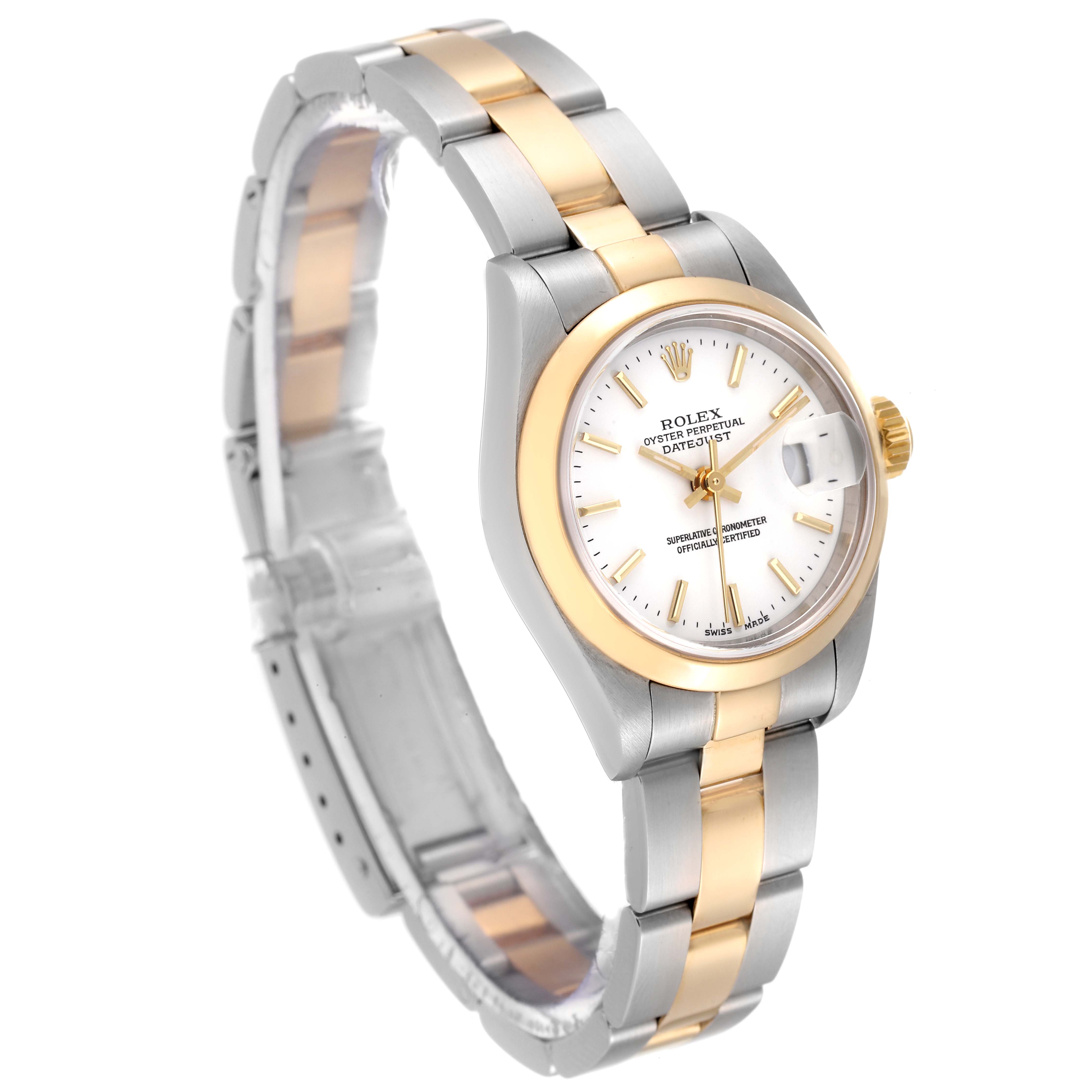 The Rolex Datejust 79163 Women's Steel and Gold (two tone) White Dial 79163 Women's Steel and Gold (two tone) White Dial watch is shown at a slight angle, featuring its bracelet, bezel, dial, and crown.