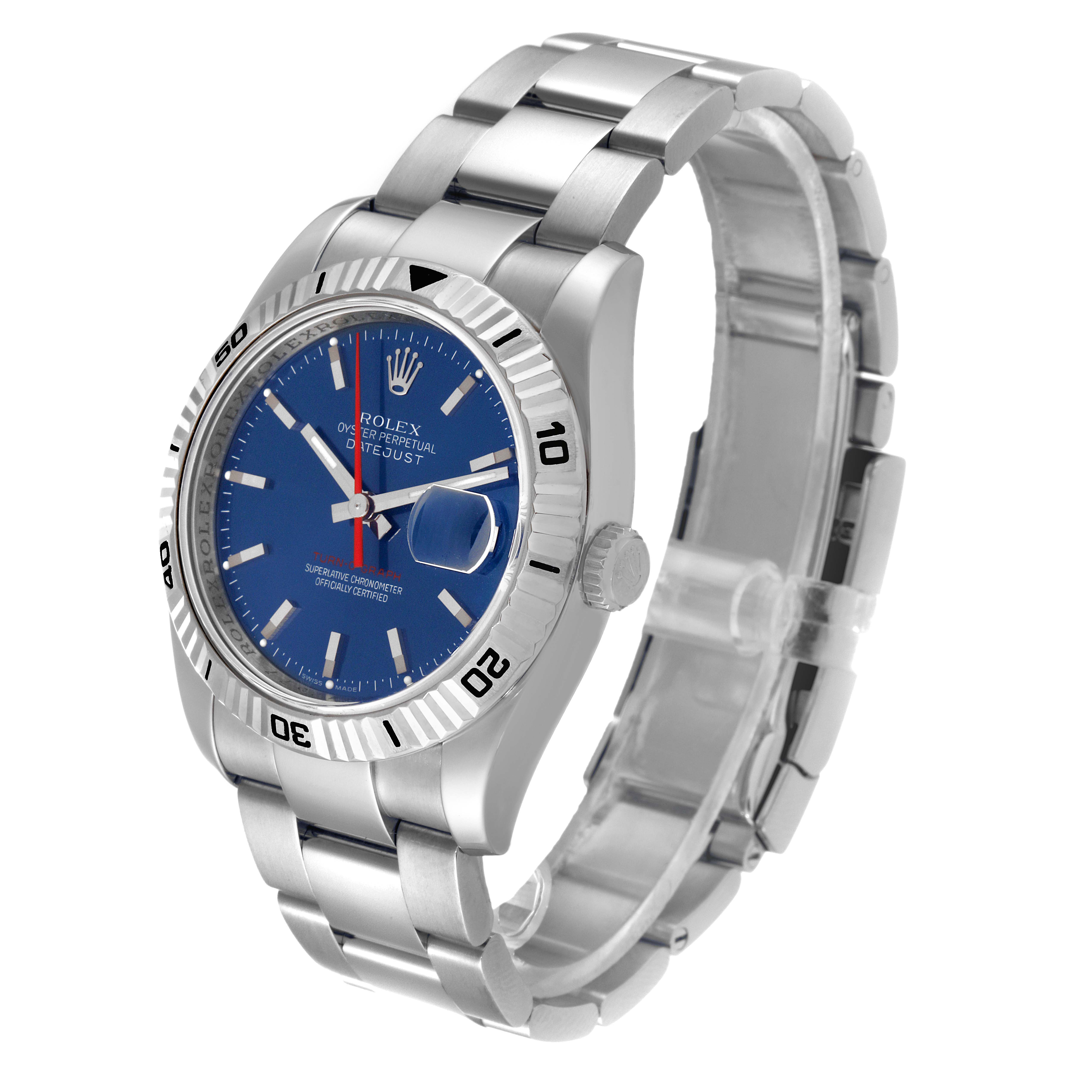 Shown at a three-quarter angle, this Rolex Turn-o-Graph 116264 Men's Stainless Steel Blue Dial 116264 Men's Stainless Steel Blue Dial watch displays its blue dial, stainless steel bracelet, and fluted bezel.