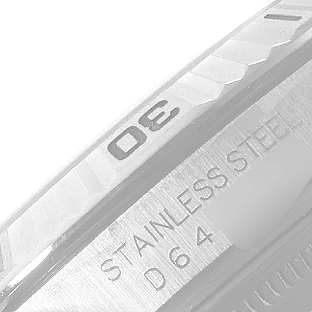 This image shows a close-up of the bezel and side case of a Rolex Turn-o-Graph 116264 Men's Stainless Steel Blue Dial 116264 Men's Stainless Steel Blue Dial watch, highlighting the "30" mark and "STAINLESS STEEL" engraving.