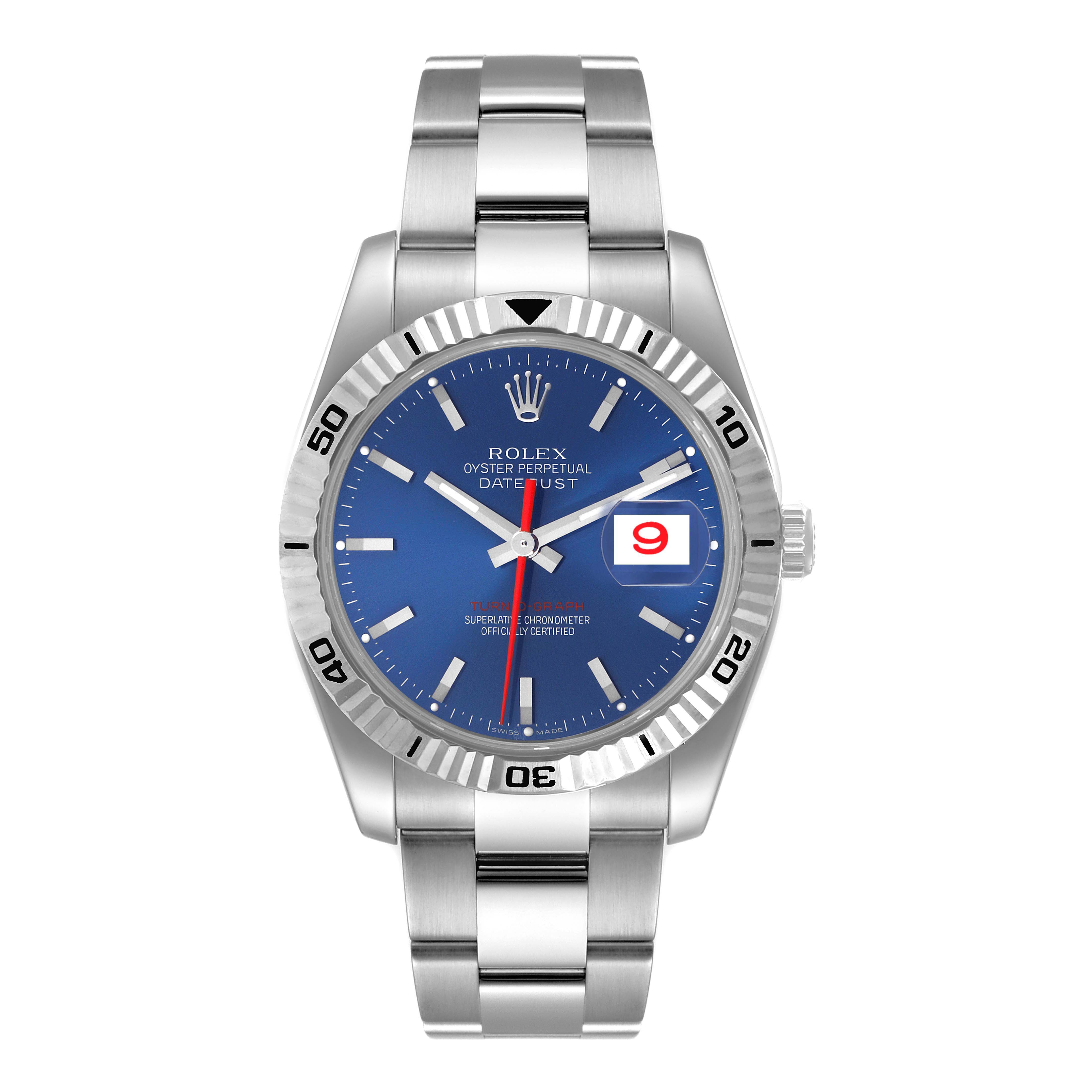 The image shows a front view of a Rolex Turn-o-Graph 116264 Men's Stainless Steel Blue Dial 116264 Men's Stainless Steel Blue Dial watch, featuring its blue dial, date window, and stainless steel bracelet.