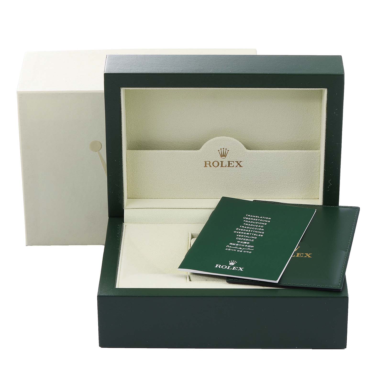 The image shows an open Rolex Turn-o-Graph 116264 Men's Stainless Steel Blue Dial 116264 Men's Stainless Steel Blue Dial watch box and green documentation placed inside and outside the box.