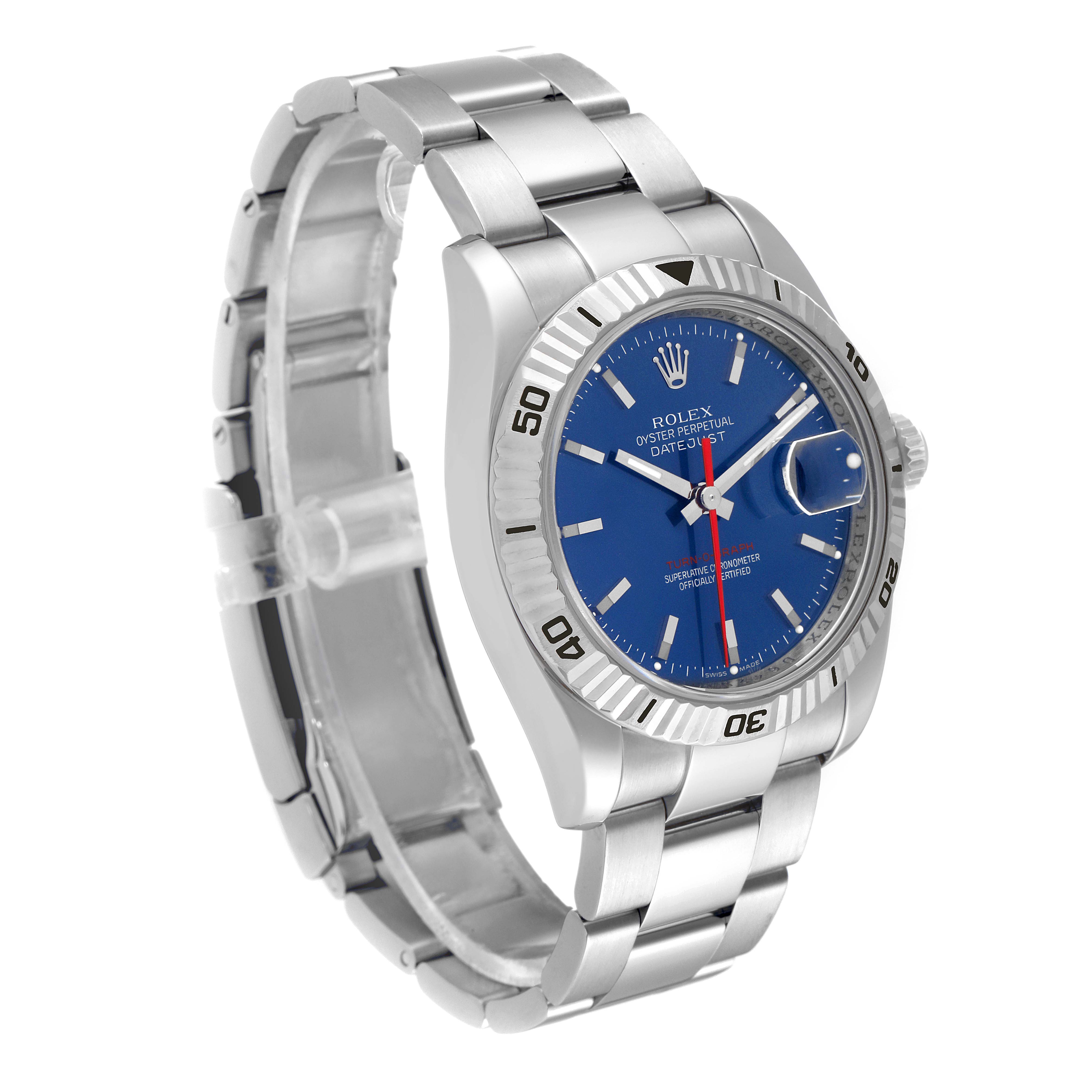 The Rolex Turn-o-Graph 116264 Men's Stainless Steel Blue Dial 116264 Men's Stainless Steel Blue Dial model is shown at a three-quarter angle, highlighting its blue dial, bezel, and bracelet.