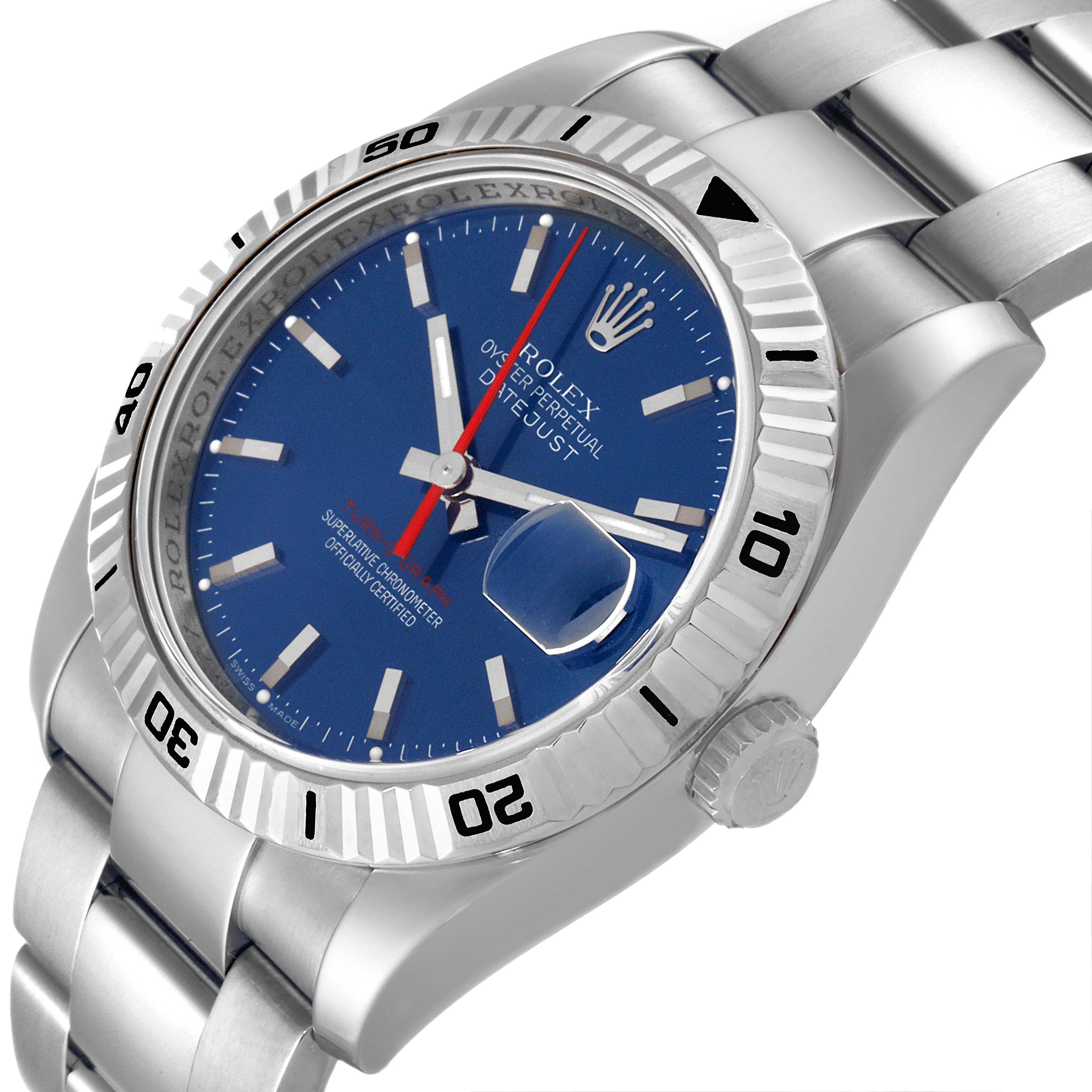 The image shows a Rolex Turn-o-Graph 116264 Men's Stainless Steel Blue Dial 116264 Men's Stainless Steel Blue Dial watch at an angled close-up, highlighting the blue dial, bezel, crown, and part of the band.