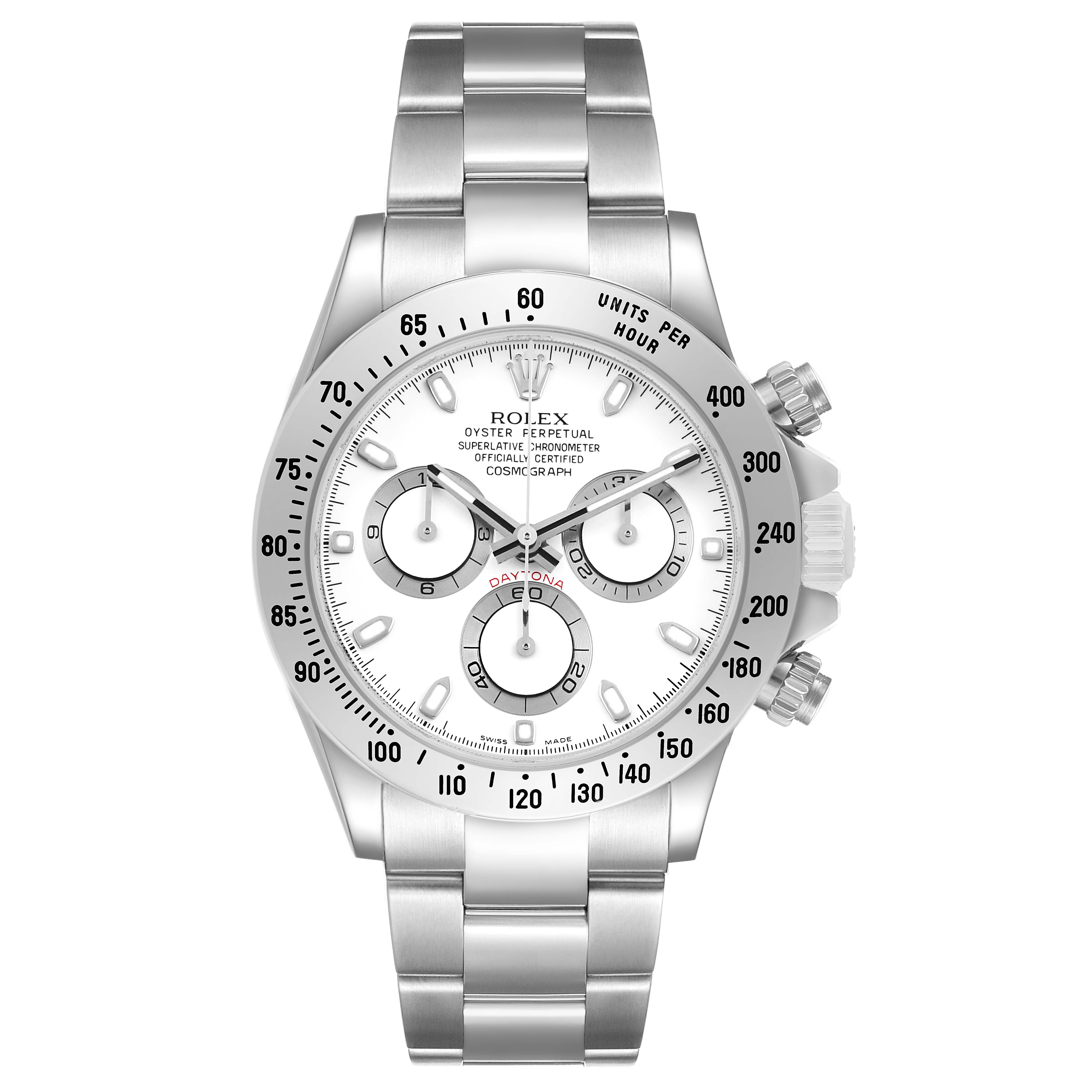 The Rolex Daytona 116520 Men's Stainless Steel White Dial watch is shown from the front, displaying its dial, bezel, bracelet, and crown.